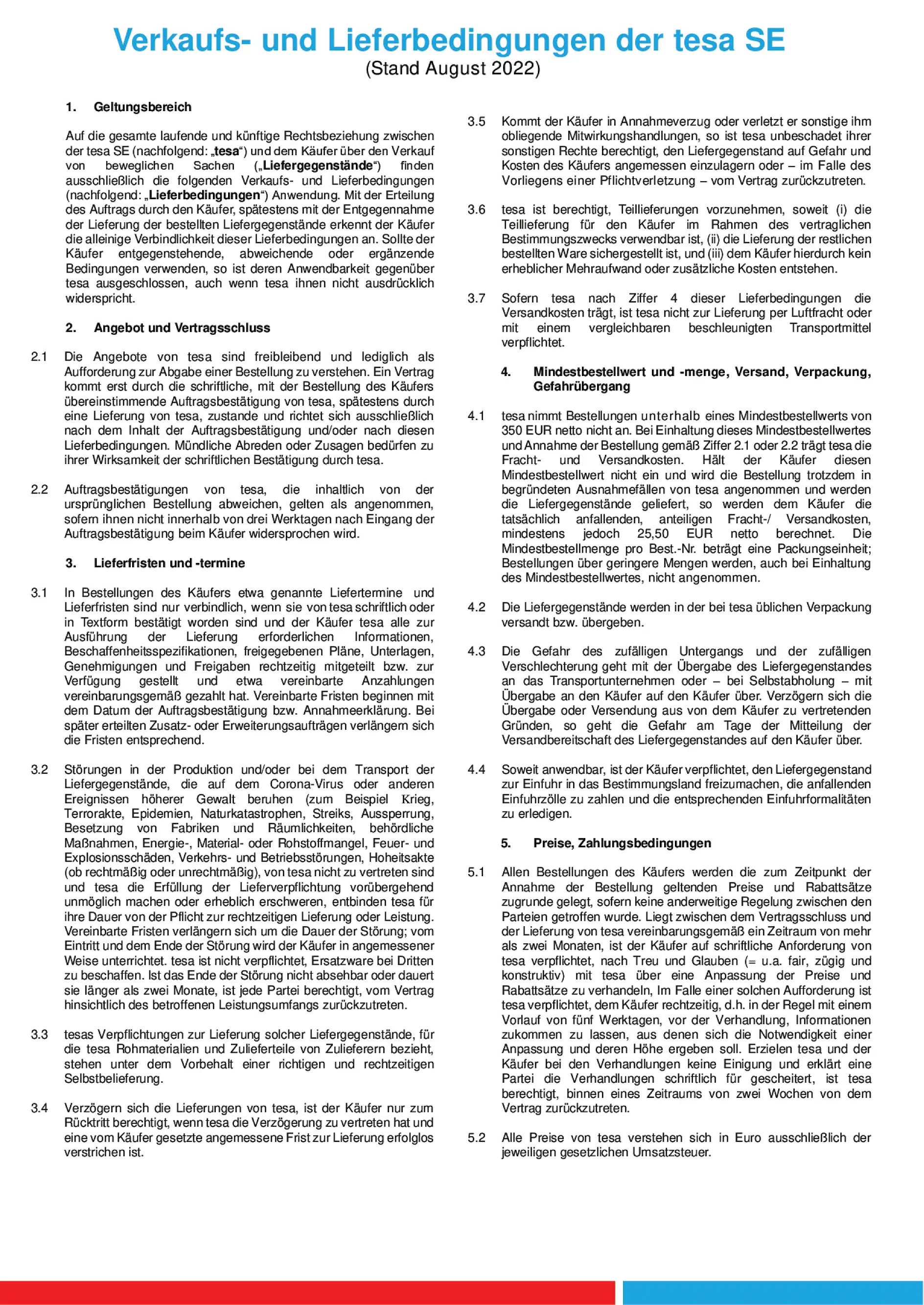 Allgemeine Verkaufs- und Lieferbedingungen der tesa SE (B2B)