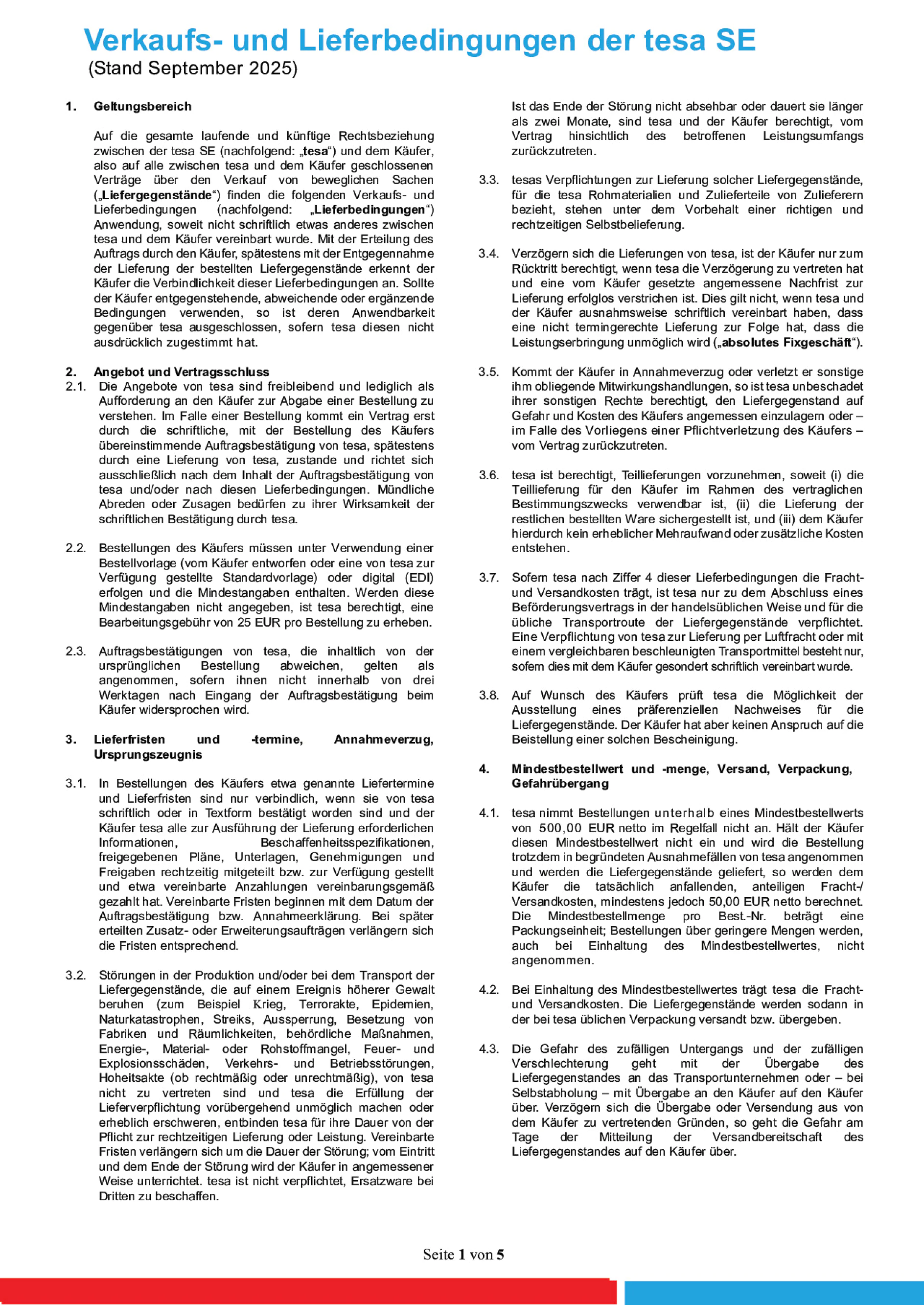 Allgemeine Verkaufs- und Lieferbedingungen der tesa SE (B2B)