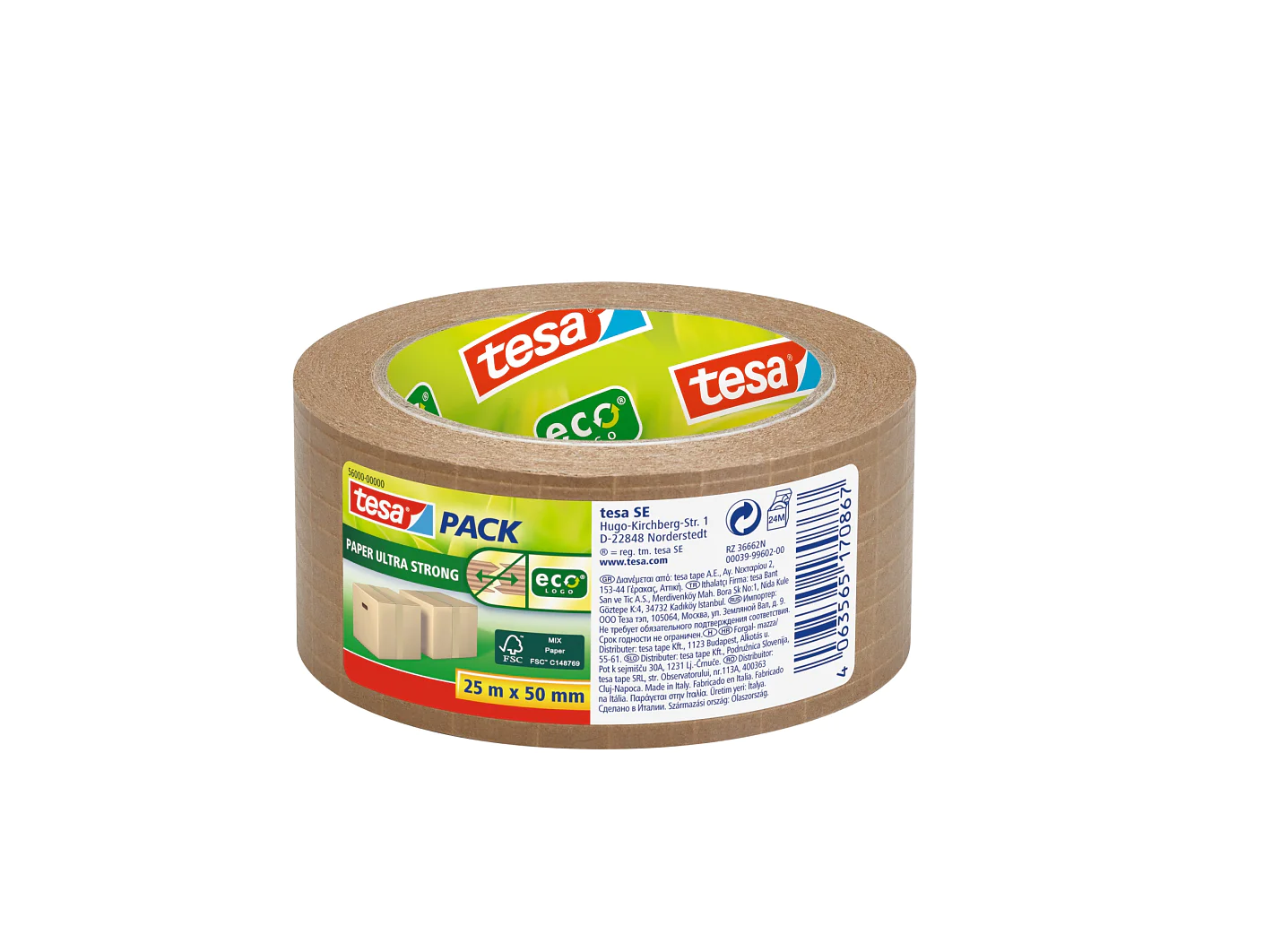 Eine Rolle braunes Tesa-Klebeband mit der Aufschrift „Ultra Strong“ und „Eco & Strong“. Auf der Verpackung sind die Produktabmessungen (25 m x 50 mm), ein Strichcode und Umweltsymbole angegeben, die Recyclingfähigkeit und Umweltfreundlichkeit betonen. (This text has been generated by AI)