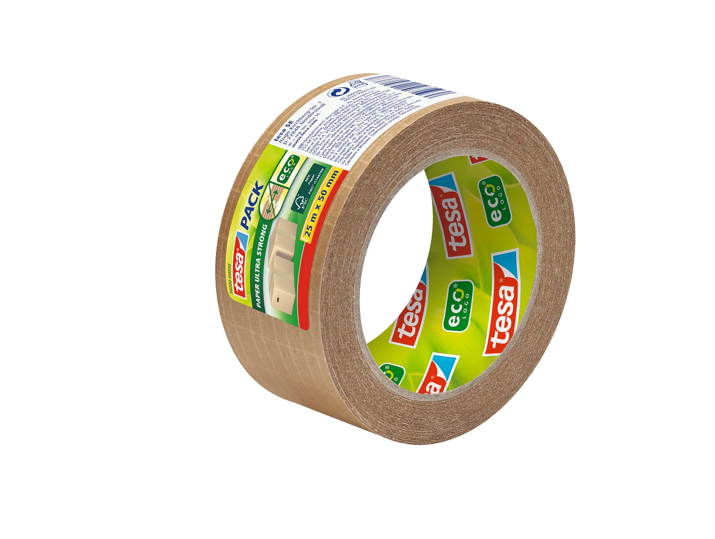 Eine Rolle umweltfreundliches Klebeband von Tesa mit verschiedenen Produktkennzeichnungen. Das Tesa-Band ist braun mit grüner und roter Aufschrift, darunter die Wörter „eco“ und „pack“. (This text has been generated by AI)