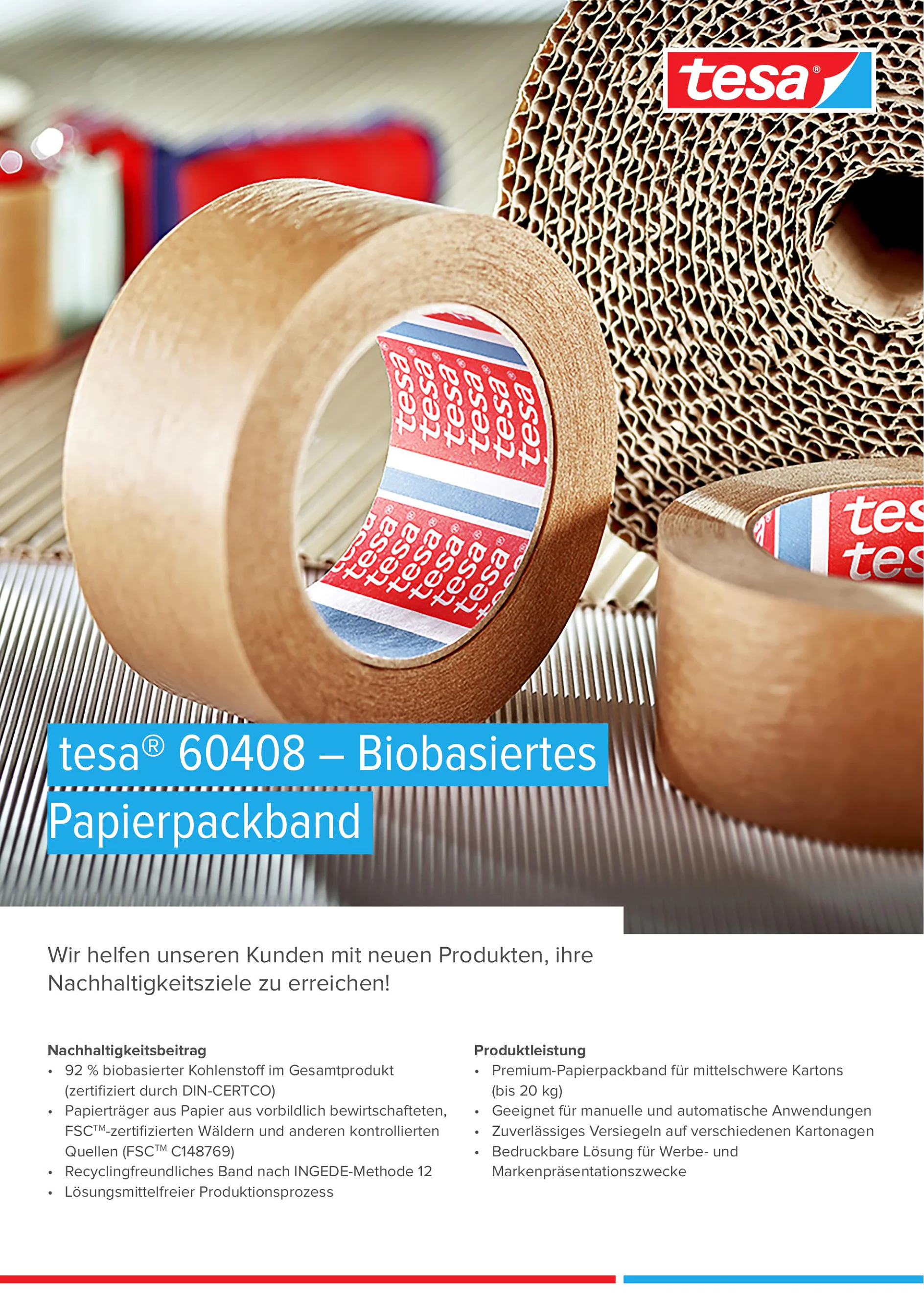 Überblick zu Vorteilen und nachhaltigerem Verpacken mit tesa 60408 biobasiertem Papierpackband.