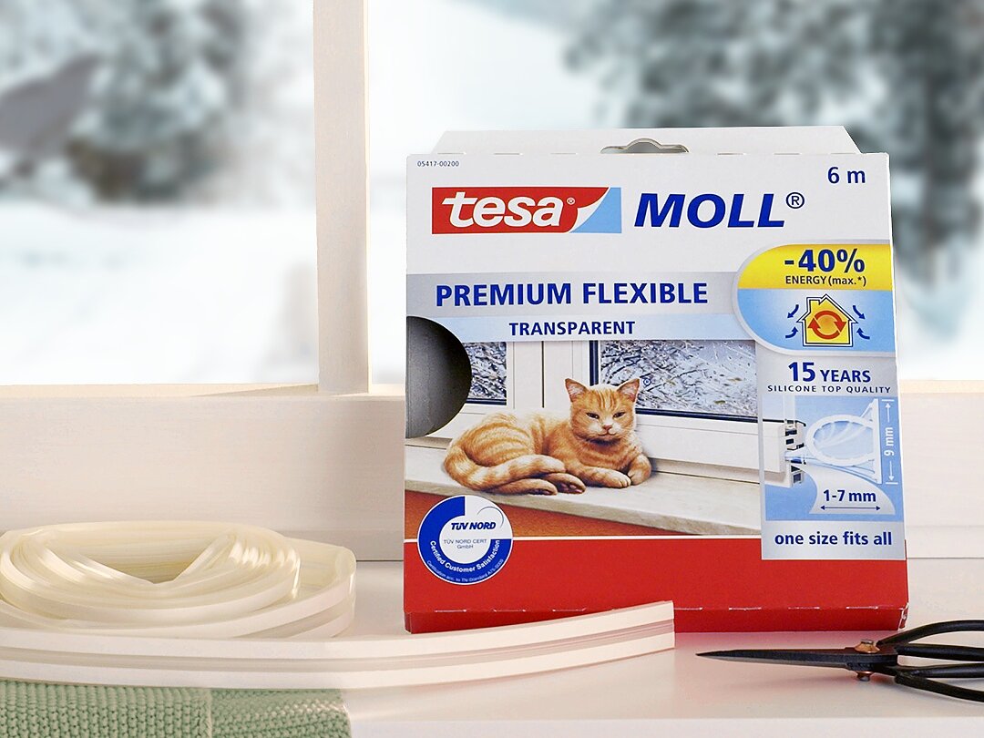 Eine Schachtel tesa Moll Premium Flexible Transparent Dichtung steht neben einer Rolle tesa Klebeband und Drähten auf einer Fensterbank. Vor dem Fenster ist eine verschneite Landschaft zu sehen. Auf der Verpackung wird Energieeinsparung und Eignung für Fugen von 1-7 mm erwähnt. (This text has been generated by AI)