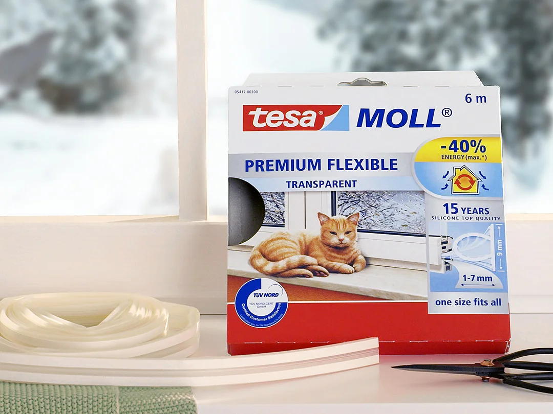 Eine Schachtel tesa Moll Premium Flexible Transparent Dichtung steht neben einer Rolle tesa Klebeband und Drähten auf einer Fensterbank. Vor dem Fenster ist eine verschneite Landschaft zu sehen. Auf der Verpackung wird Energieeinsparung und Eignung für Fugen von 1-7 mm erwähnt. (This text has been generated by AI)