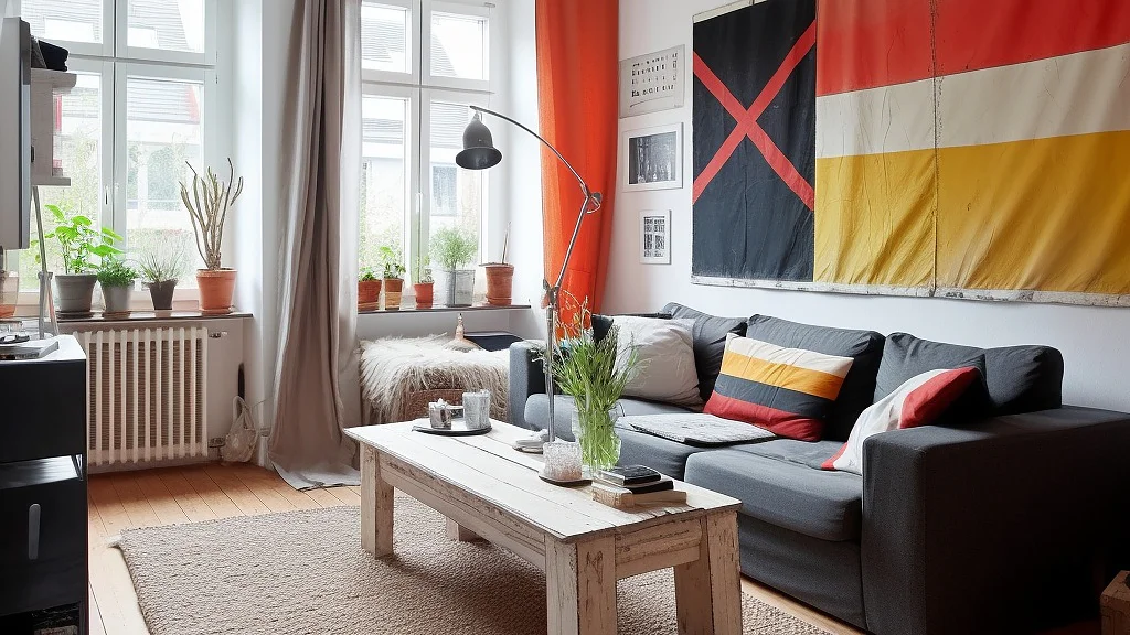 Ein Wohnzimmer verfügt über ein graues Sofa mit Kissen, einen hölzernen Couchtisch und einen strukturierten Teppich. An der Wand hängt eine große Flagge in Rot, Schwarz und Gelb, die mit Tesa-Klebeband befestigt ist. Fenster mit Topfpflanzen sorgen für natürliches Licht. Über dem Sitzbereich wölbt sich eine Stehlampe. (This text has been generated by AI)