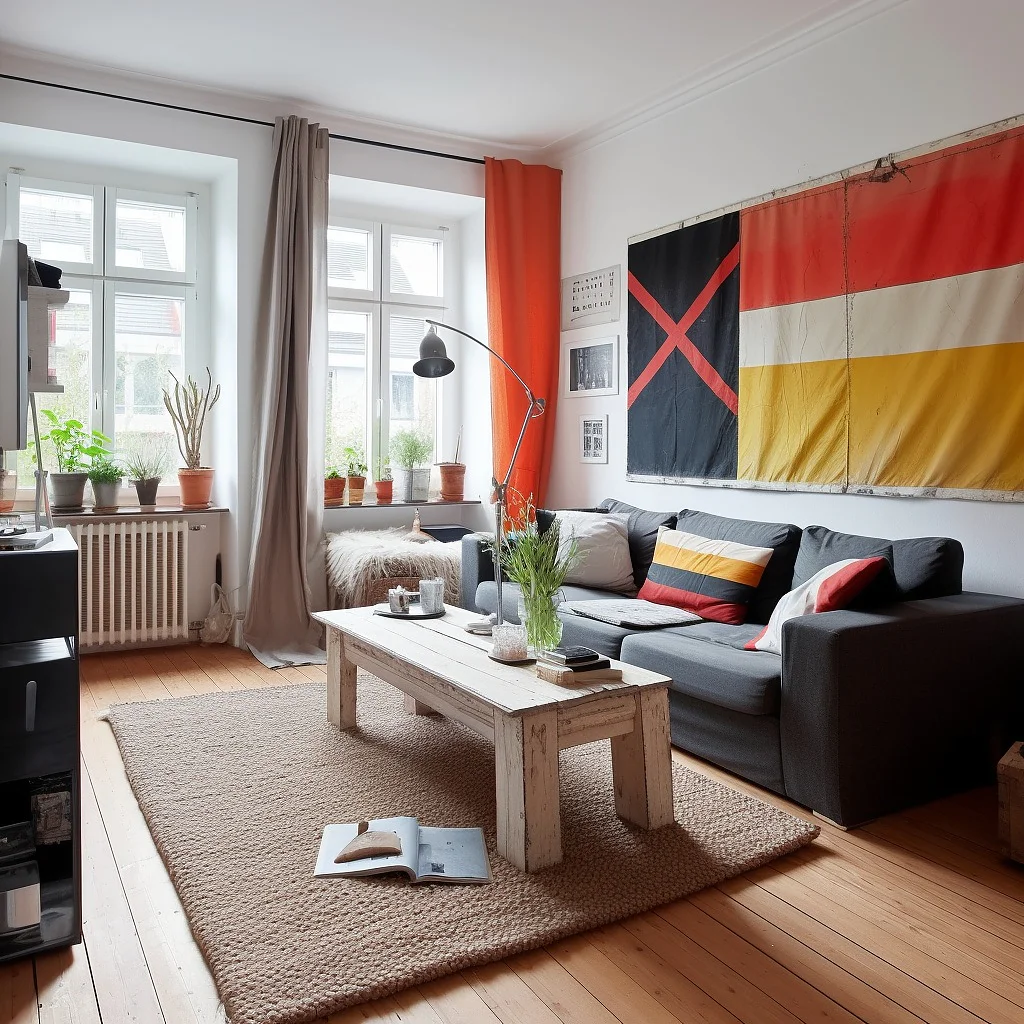 Ein Wohnzimmer verfügt über ein graues Sofa mit Kissen, einen hölzernen Couchtisch und einen strukturierten Teppich. An der Wand hängt eine große Flagge in Rot, Schwarz und Gelb, die mit Tesa-Klebeband befestigt ist. Fenster mit Topfpflanzen sorgen für natürliches Licht. Über dem Sitzbereich wölbt sich eine Stehlampe. (This text has been generated by AI)