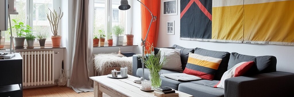 Ein Wohnzimmer verfügt über ein graues Sofa mit Kissen, einen hölzernen Couchtisch und einen strukturierten Teppich. An der Wand hängt eine große Flagge in Rot, Schwarz und Gelb, die mit Tesa-Klebeband befestigt ist. Fenster mit Topfpflanzen sorgen für natürliches Licht. Über dem Sitzbereich wölbt sich eine Stehlampe. (This text has been generated by AI)