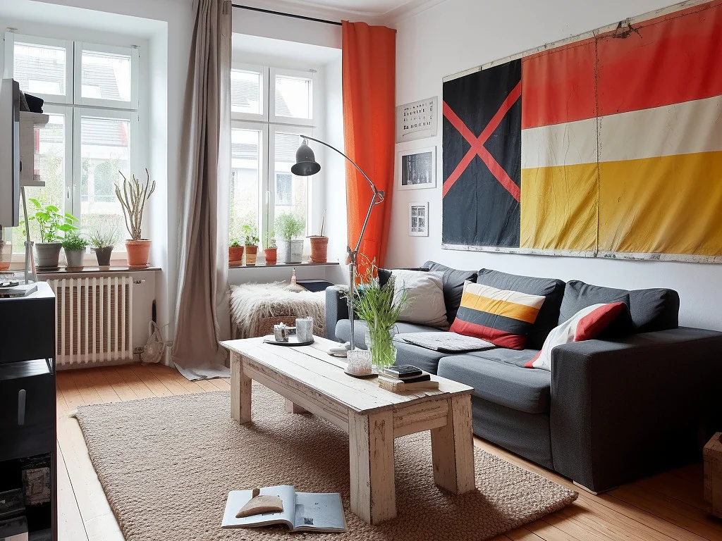 Ein Wohnzimmer verfügt über ein graues Sofa mit Kissen, einen hölzernen Couchtisch und einen strukturierten Teppich. An der Wand hängt eine große Flagge in Rot, Schwarz und Gelb, die mit Tesa-Klebeband befestigt ist. Fenster mit Topfpflanzen sorgen für natürliches Licht. Über dem Sitzbereich wölbt sich eine Stehlampe. (This text has been generated by AI)
