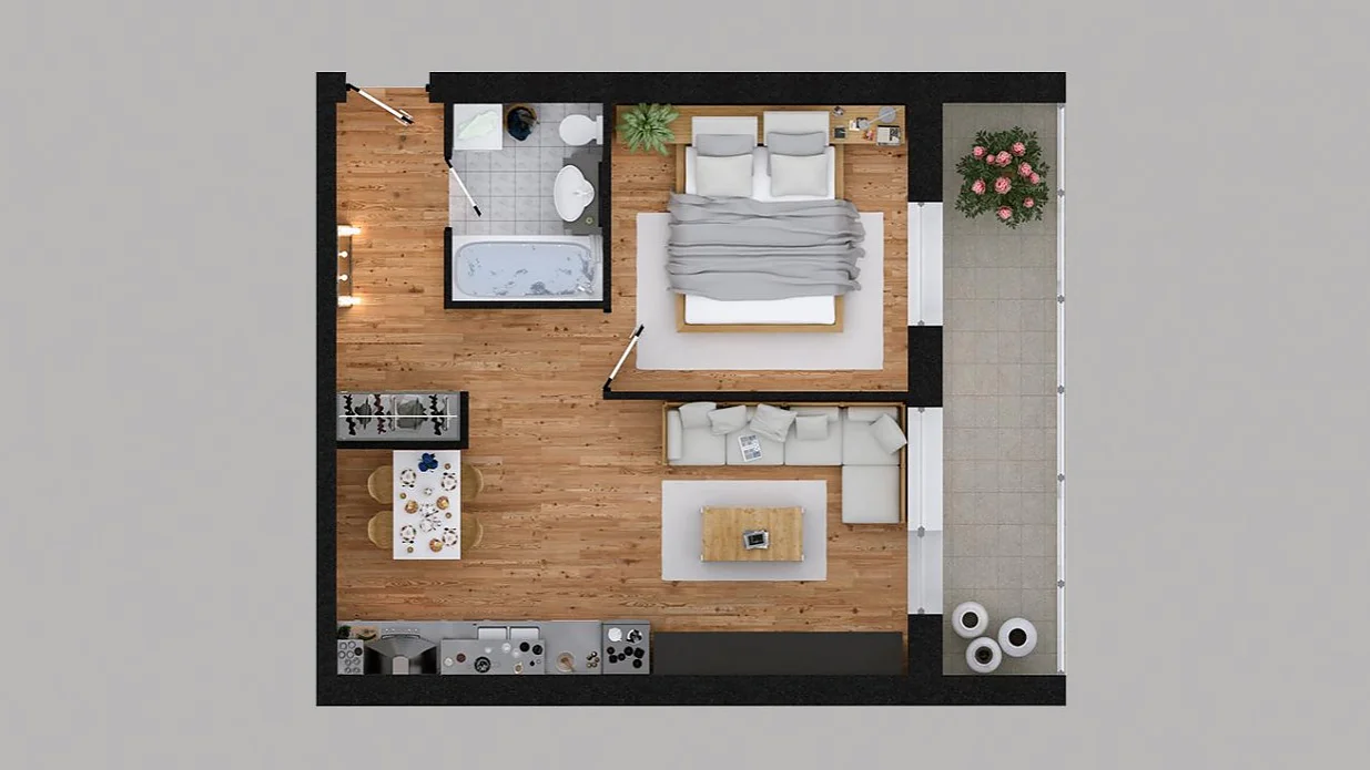 Grundriss einer kleinen Wohnung mit Holzboden. Zur Ausstattung gehören ein Schlafzimmer mit Doppelbett, ein Wohnbereich mit Couch, eine Küche mit Esstisch, ein Badezimmer mit Badewanne und ein kleiner Balkon mit Pflanzen. (This text has been generated by AI)