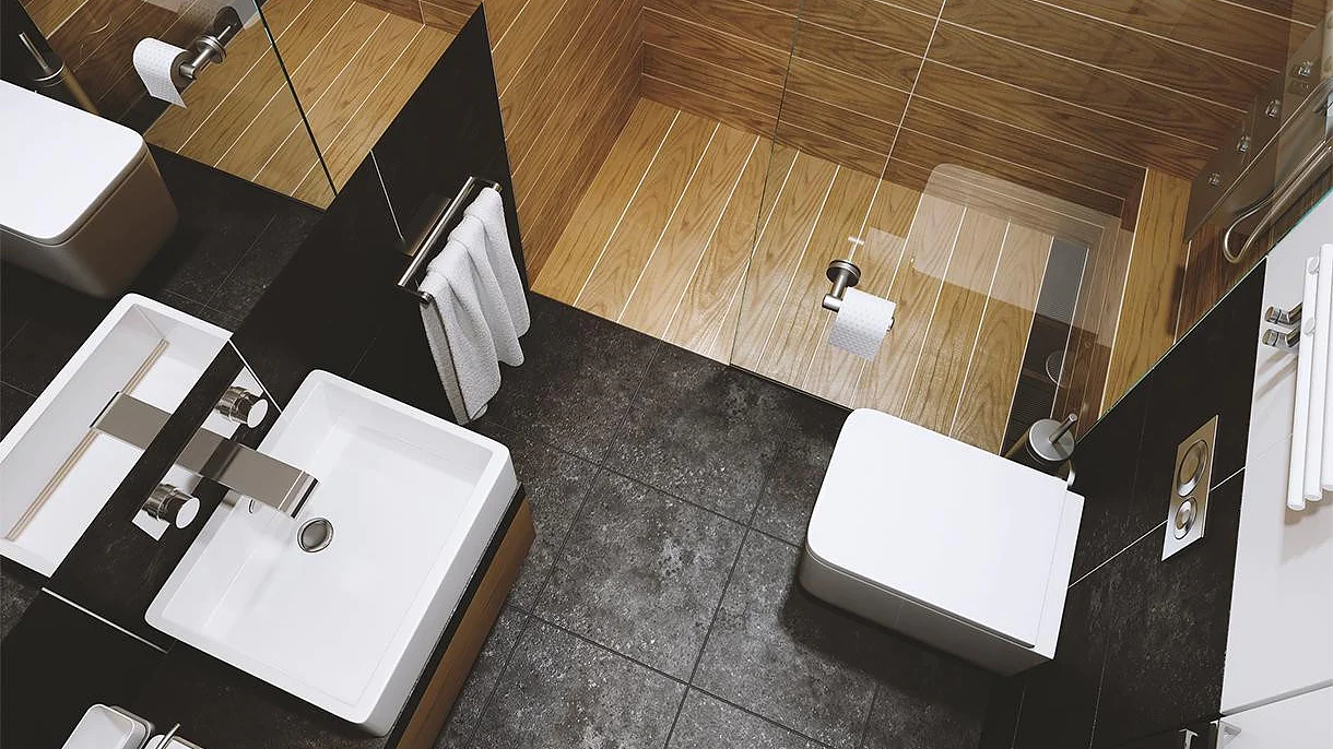 Modernes Badezimmer mit Akzenten in Schwarz und Holz. Verfügt über ein weißes Waschbecken, einen an der Wand montierten Wasserhahn und einen Spiegel auf der linken Seite. Eine Toilette mit einem an der Wand montierten Toilettenpapierhalter aus Tesa-Klebeband befindet sich auf der rechten Seite. Der Duschbereich hat Glaswände und holzähnliche Fliesen. (This text has been generated by AI)