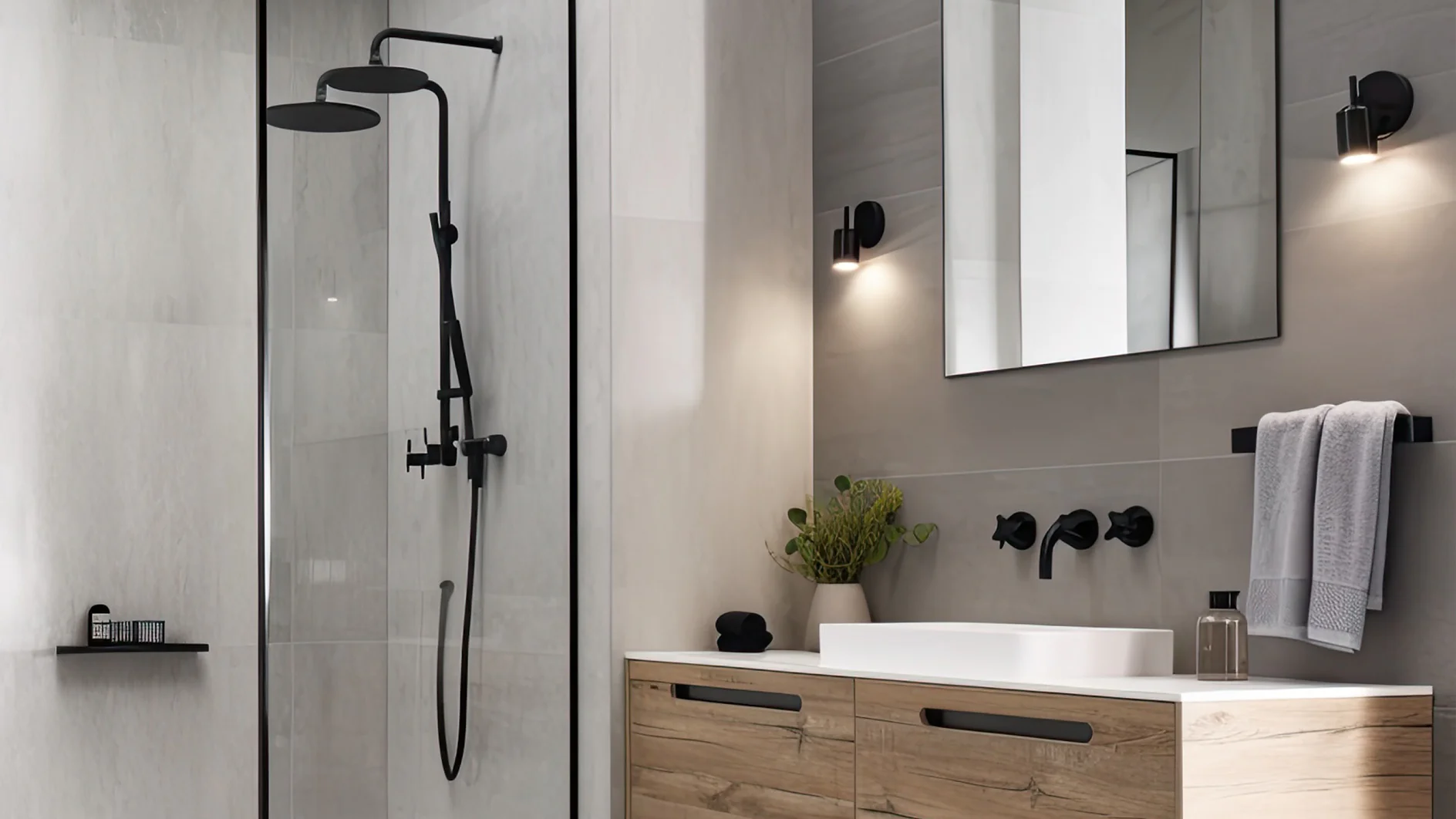 Modernes Badezimmer mit verglaster Dusche und schwarzer Duschvorrichtung. Wandmontiertes Waschbecken mit rechteckigem Spiegel darüber, flankiert von zwei schwarzen Wandleuchten. Holzwaschtisch mit zwei Schubladen und einem Handtuch auf einem mit Tesaband befestigten Ständer. Kleine Pflanze auf der Ablage. (This text has been generated by AI)