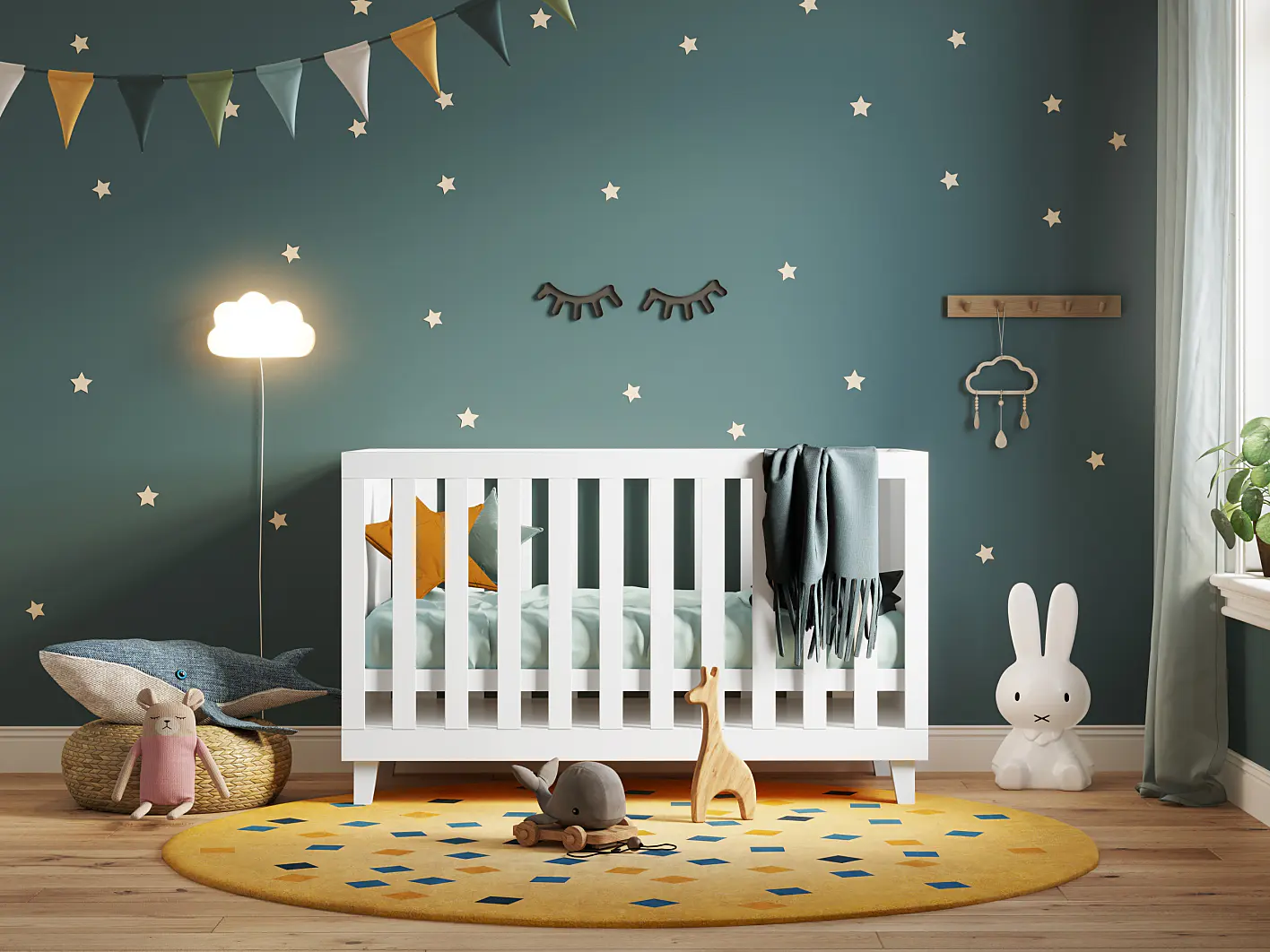 In the nursery, there is a white crib adorned with a teal blanket and a star-shaped pillow. The teal walls are decorated with star decals and a closed eye motif. On the yellow rug, youll find a plush rabbit alongside some toys, while a lamp with a cloud-themed shade is positioned nearby. A window with an accompanying plant is situated to the right. (This text has been generated by AI)