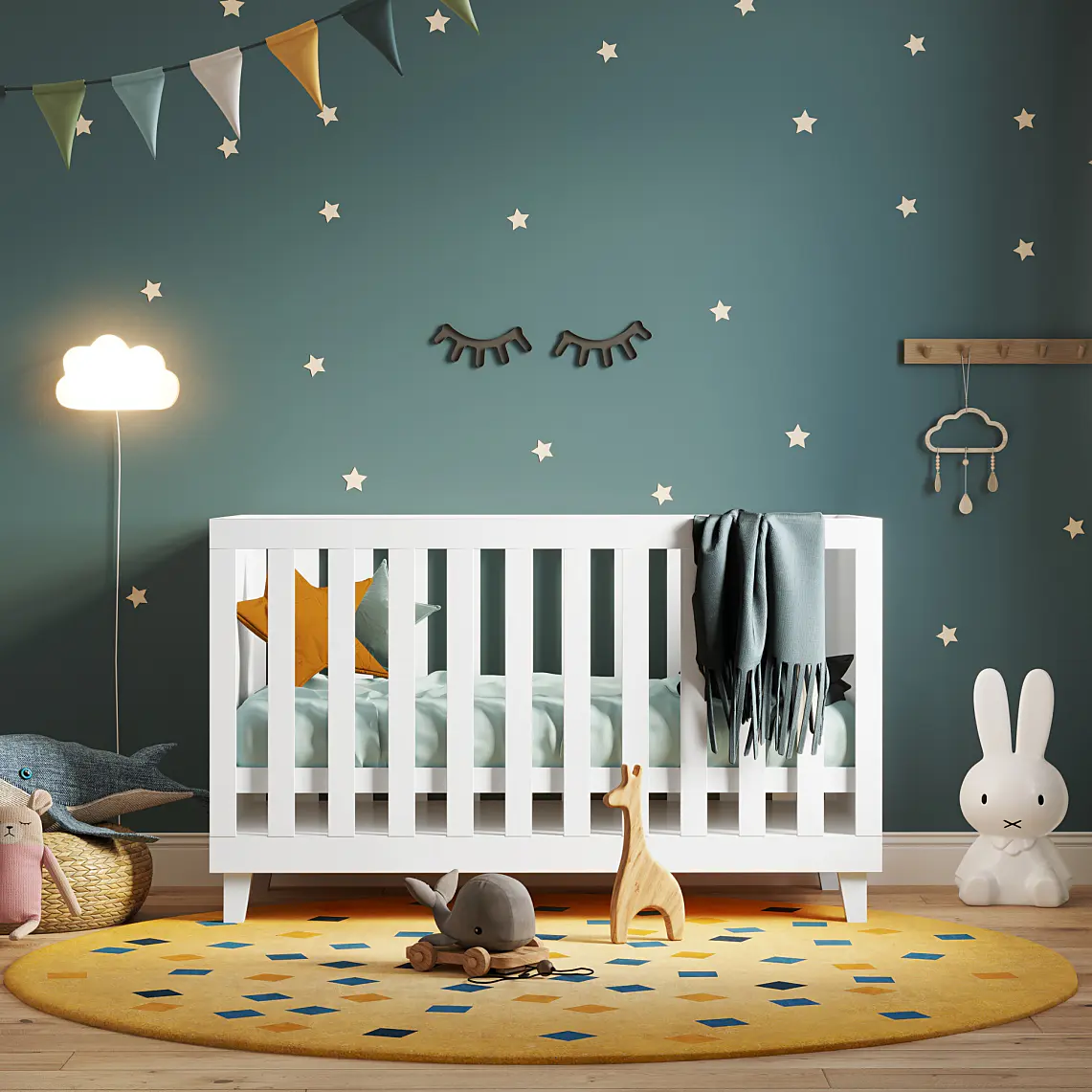 In the nursery, there is a white crib adorned with a teal blanket and a star-shaped pillow. The teal walls are decorated with star decals and a closed eye motif. On the yellow rug, youll find a plush rabbit alongside some toys, while a lamp with a cloud-themed shade is positioned nearby. A window with an accompanying plant is situated to the right. (This text has been generated by AI)
