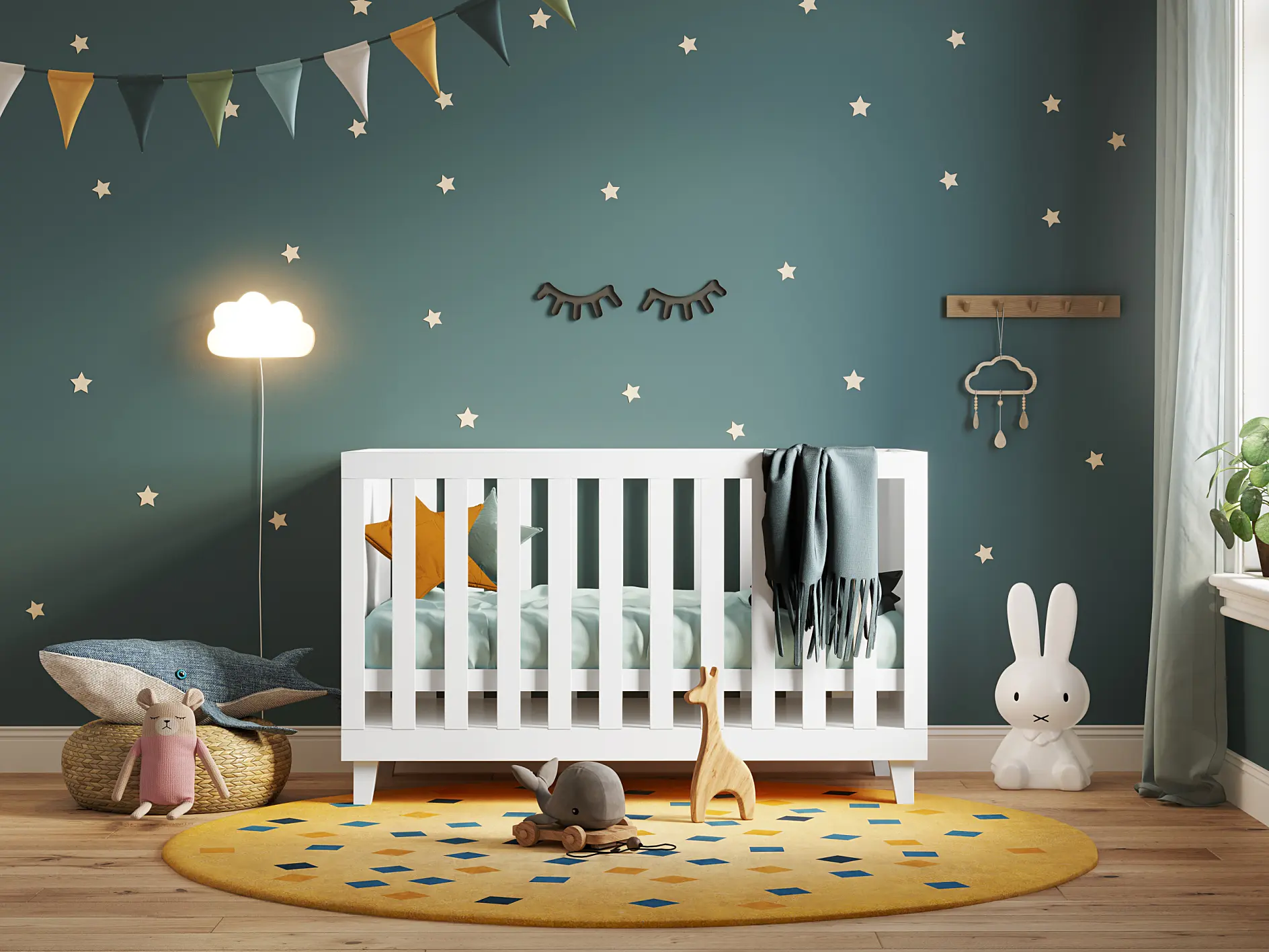 In the nursery, there is a white crib adorned with a teal blanket and a star-shaped pillow. The teal walls are decorated with star decals and a closed eye motif. On the yellow rug, youll find a plush rabbit alongside some toys, while a lamp with a cloud-themed shade is positioned nearby. A window with an accompanying plant is situated to the right.