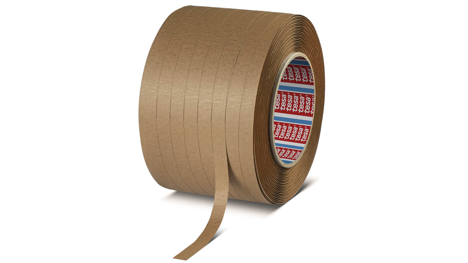 A roll of brown packing tesa tape with one end slightly unrolled, revealing an adhesive underside. The roll is placed against a plain white background. (This text has been generated by AI)