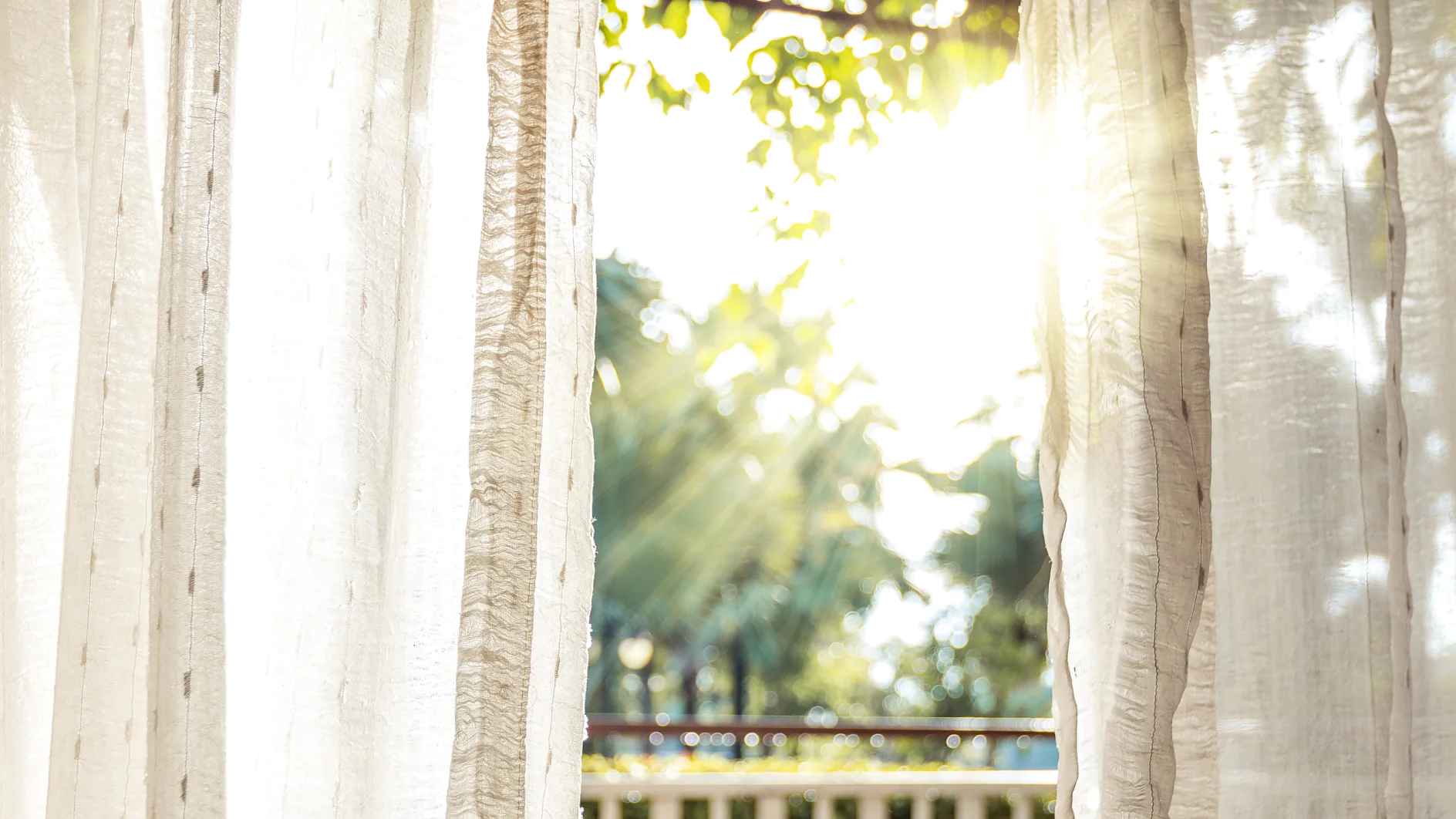 In the morning, the sun shines on the door through the white curtains. In the morning, the sun shines on the door through the white curtains.