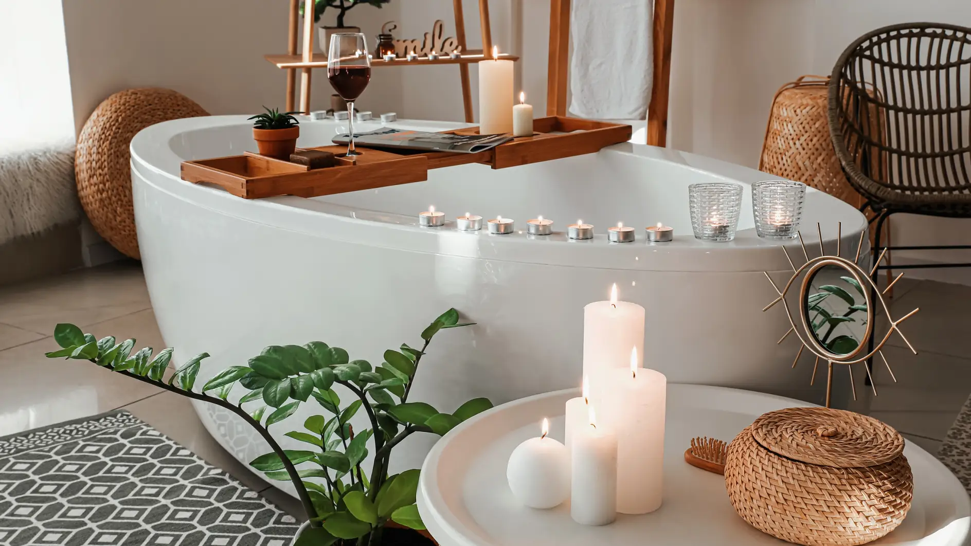 Stylish interior of modern bathroom with burning candles