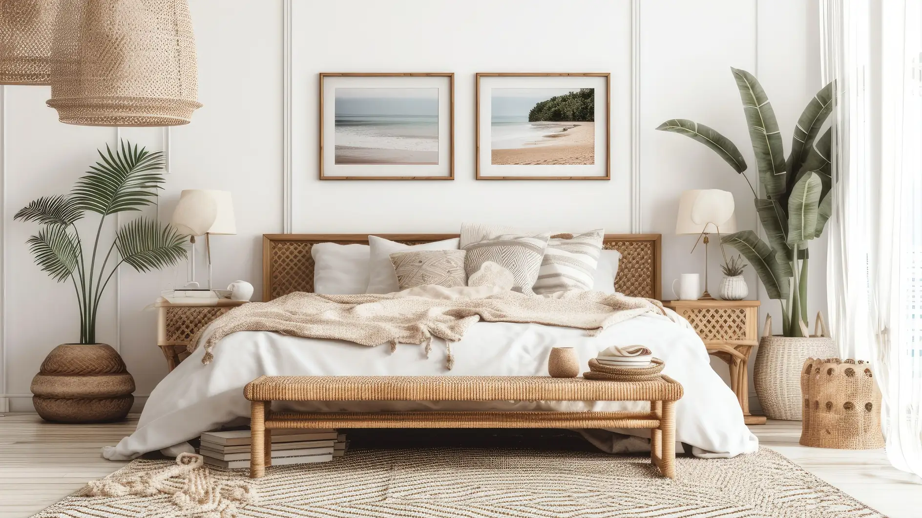 Beach bohemian bedroom mockup frame. ,. Generative AI