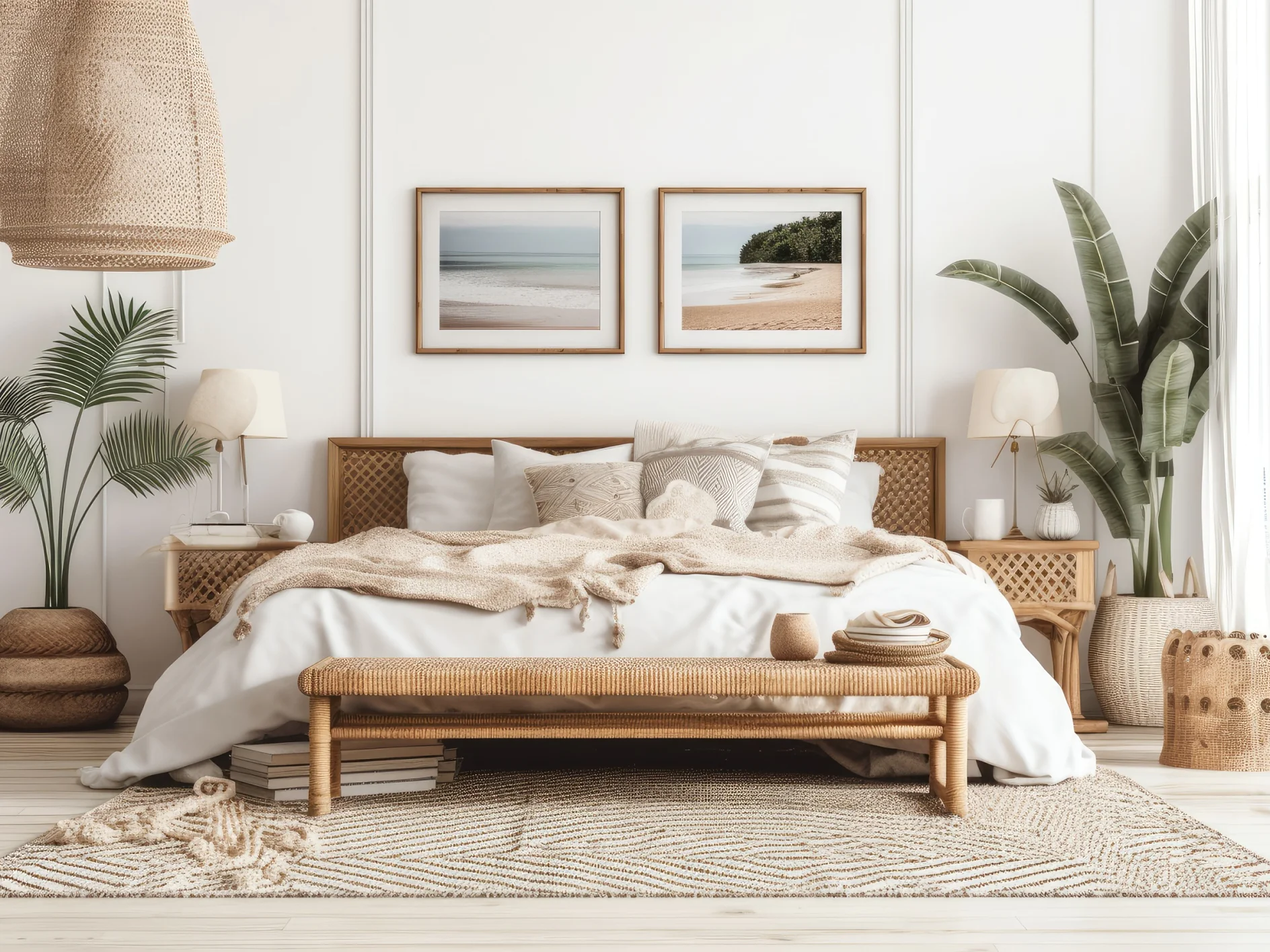 Beach bohemian bedroom mockup frame. ,. Generative AI