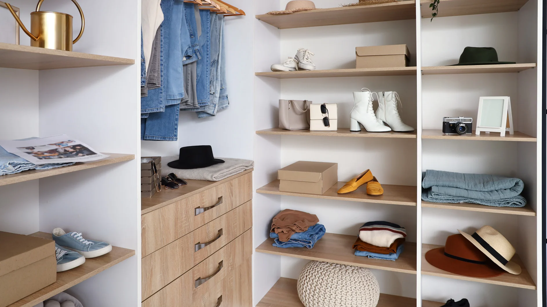 Stylish clothes with modern shoes and accessories in boutique Stylish clothes with modern shoes and accessories in boutique