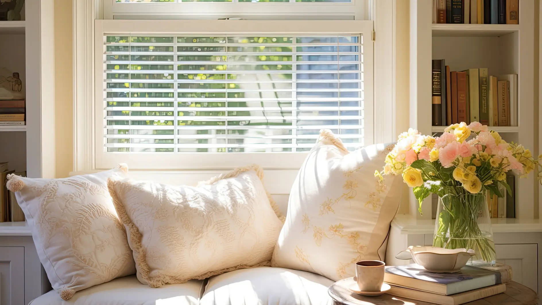 A comfortable and inviting window nook with plush cushions and a book spread open, sunlight streaming in through old-fashioned shutters, showcasing a charming and classic interior design.