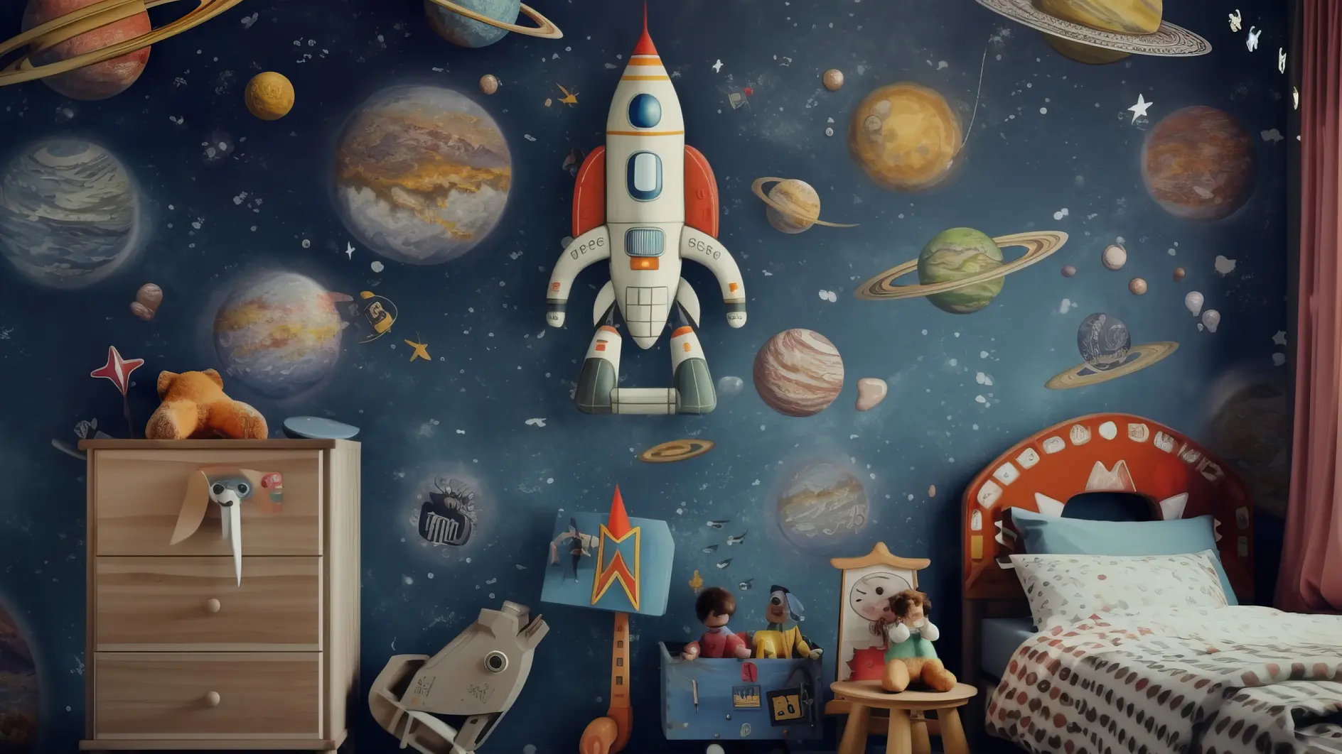 A childs space-themed bedroom features a wall mural of planets and a rocket. A wooden dresser and toys, including a stuffed bear and toy rocket, are visible. The bed has a patterned cover, and a small box with toys is on the floor.