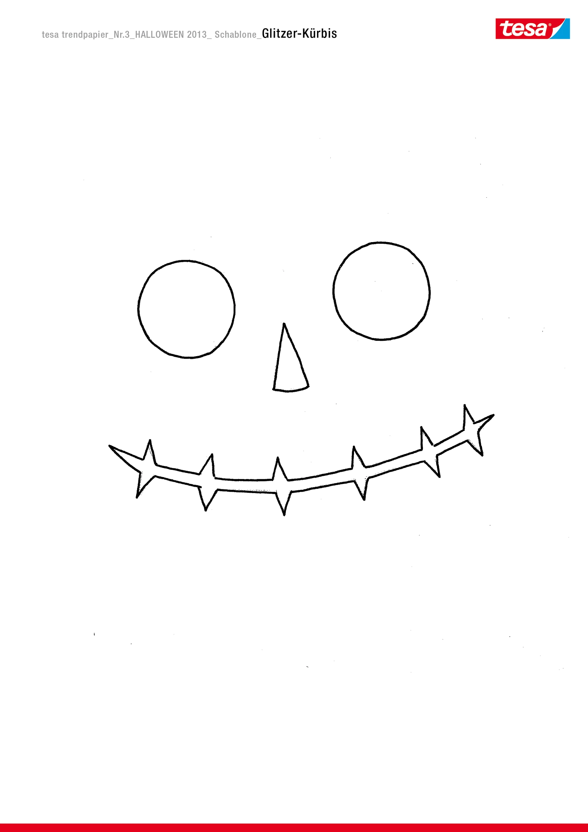 Eine Vorlage mit einem einfachen Halloween-Kürbis-Design mit runden Augen und einem aufgenähten Lächeln. Der Hintergrund ist weiß und in der oberen rechten Ecke befindet sich ein rotes „tesa“-Logo. Der Text enthält „tesa“ und „Halloween 2013 Shablone Glitzer-Kürbis“. (This text has been generated by AI)