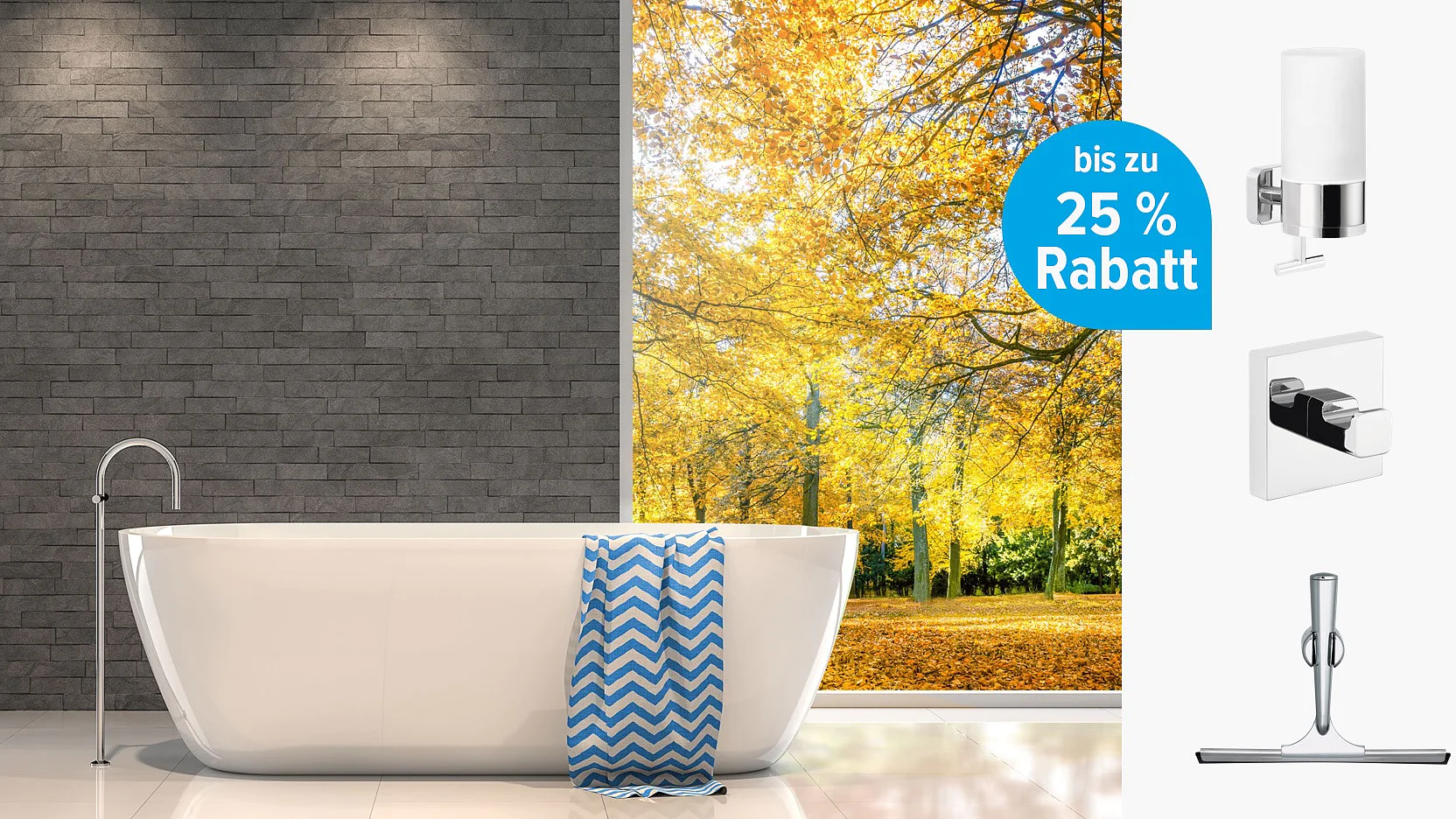 Ein modernes Badezimmer verfügt über eine freistehende weiße Badewanne, über der ein blau-weißes Handtuch mit Chevron-Muster hängt. Dahinter befindet sich ein großes Fenster mit Herbstbäumen. Eine Wandlampe und eine Duschvorrichtung sind mit einem Text versehen, der auf Deutsch bis zu 25 % Rabatt verspricht. Das Design umfasst Tesa-Klebeband für alle wichtigen Montageanforderungen und gewährleistet eine elegante und effiziente Installation ohne Nägel oder Schrauben. (This text has been generated by AI)
