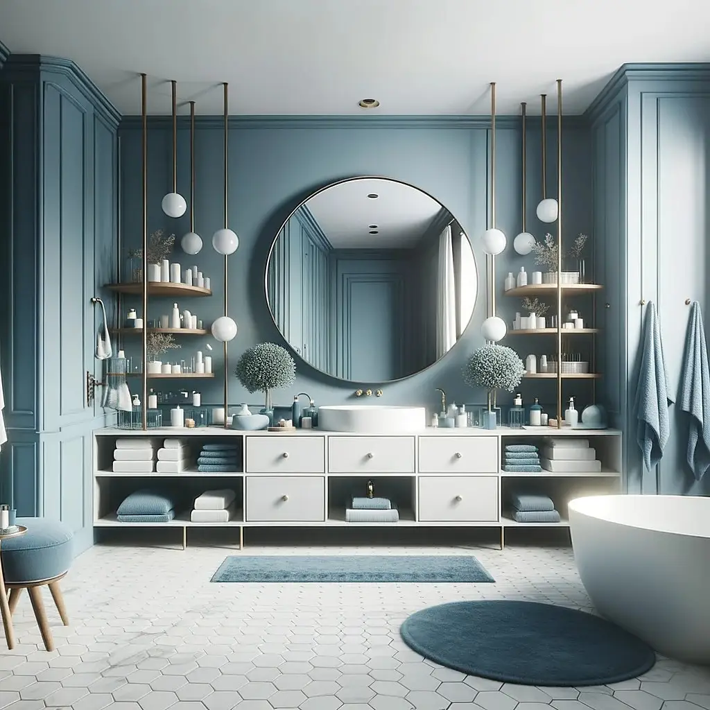 DALL·E 2023-10-12 17.04.16 - Foto im maximalen Format_ Ein helles Badezimmer mit marineblauen Akzenten. Der zentrale, runde Spiegel steht im Mittelpunkt und wird von blauen Möbeln