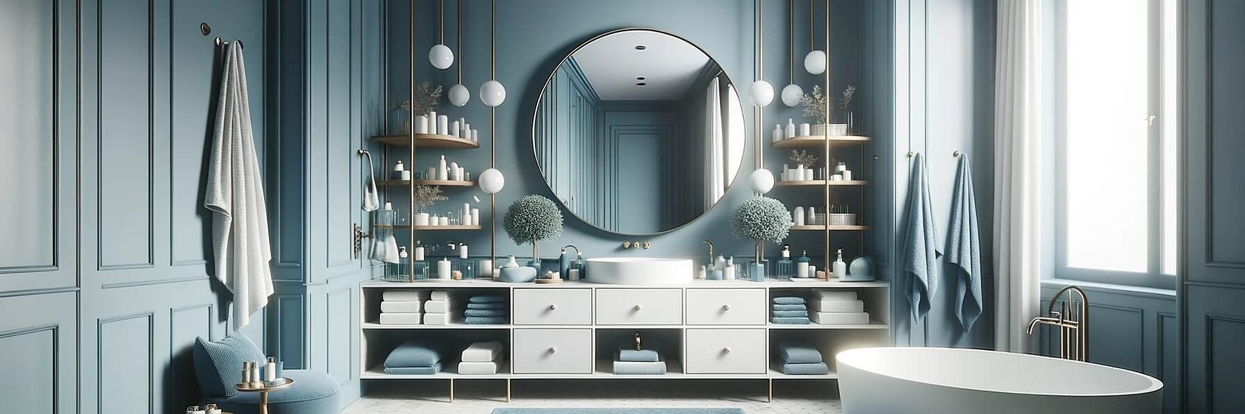 DALL·E 2023-10-12 17.04.16 - Foto im maximalen Format_ Ein helles Badezimmer mit marineblauen Akzenten. Der zentrale, runde Spiegel steht im Mittelpunkt und wird von blauen Möbeln