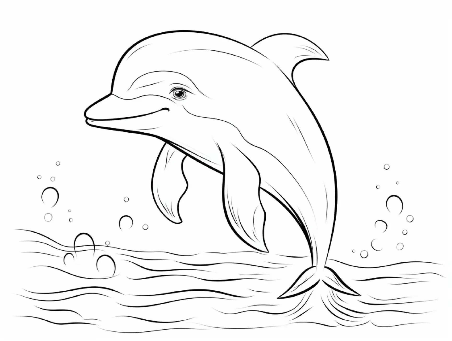 Ausmalbild Delfin springt aus Wasser mit Blasen