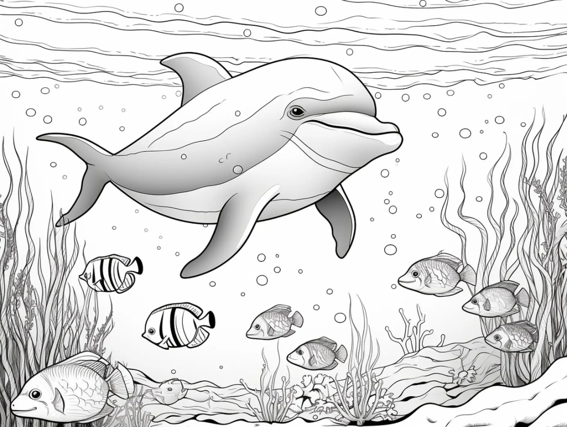 Ausmalbild Delfin und tropische Fische unter Wasser
