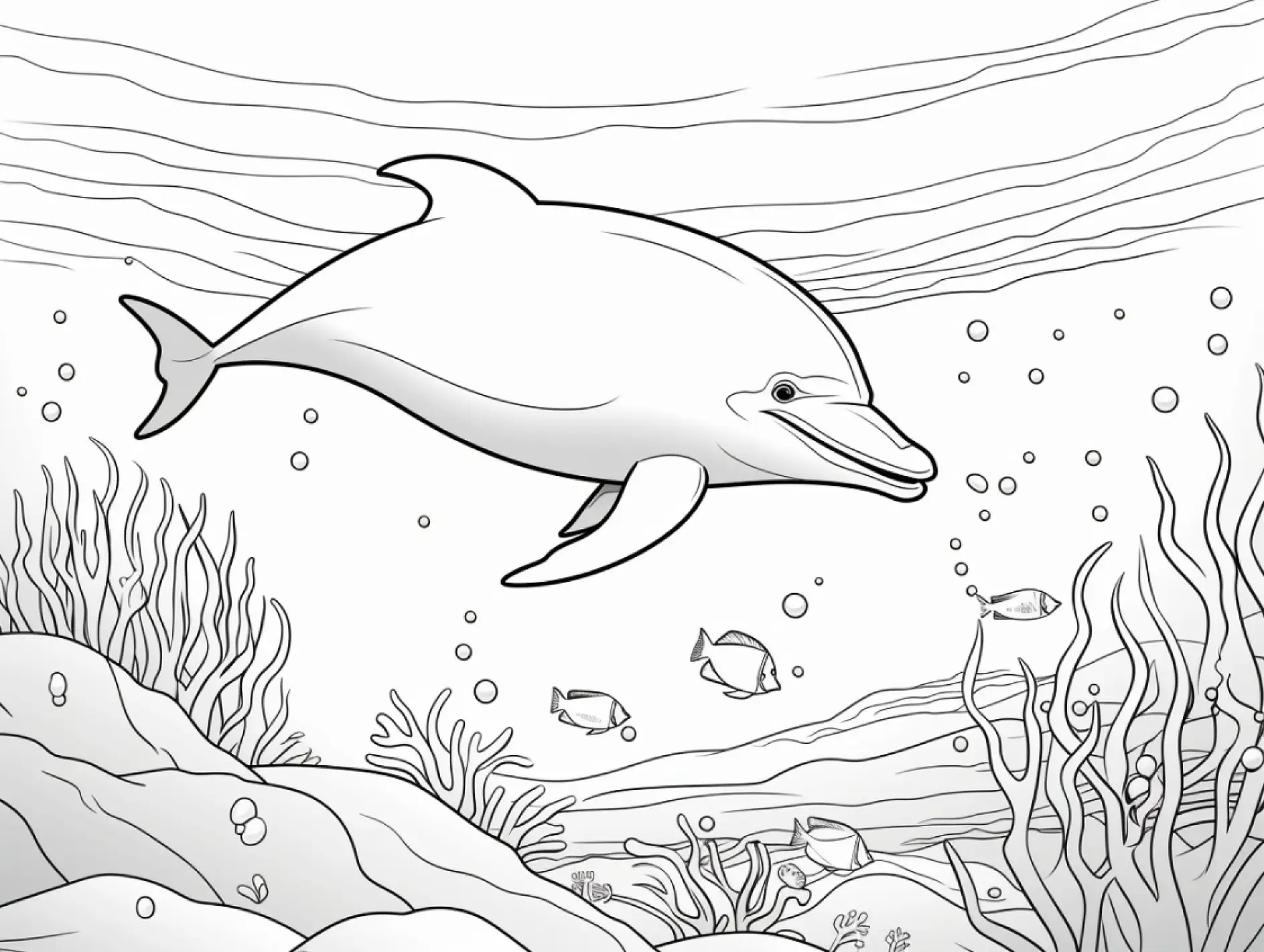 Ausmalbild Delfin unter Wasser mit Fischen und Pflanzen