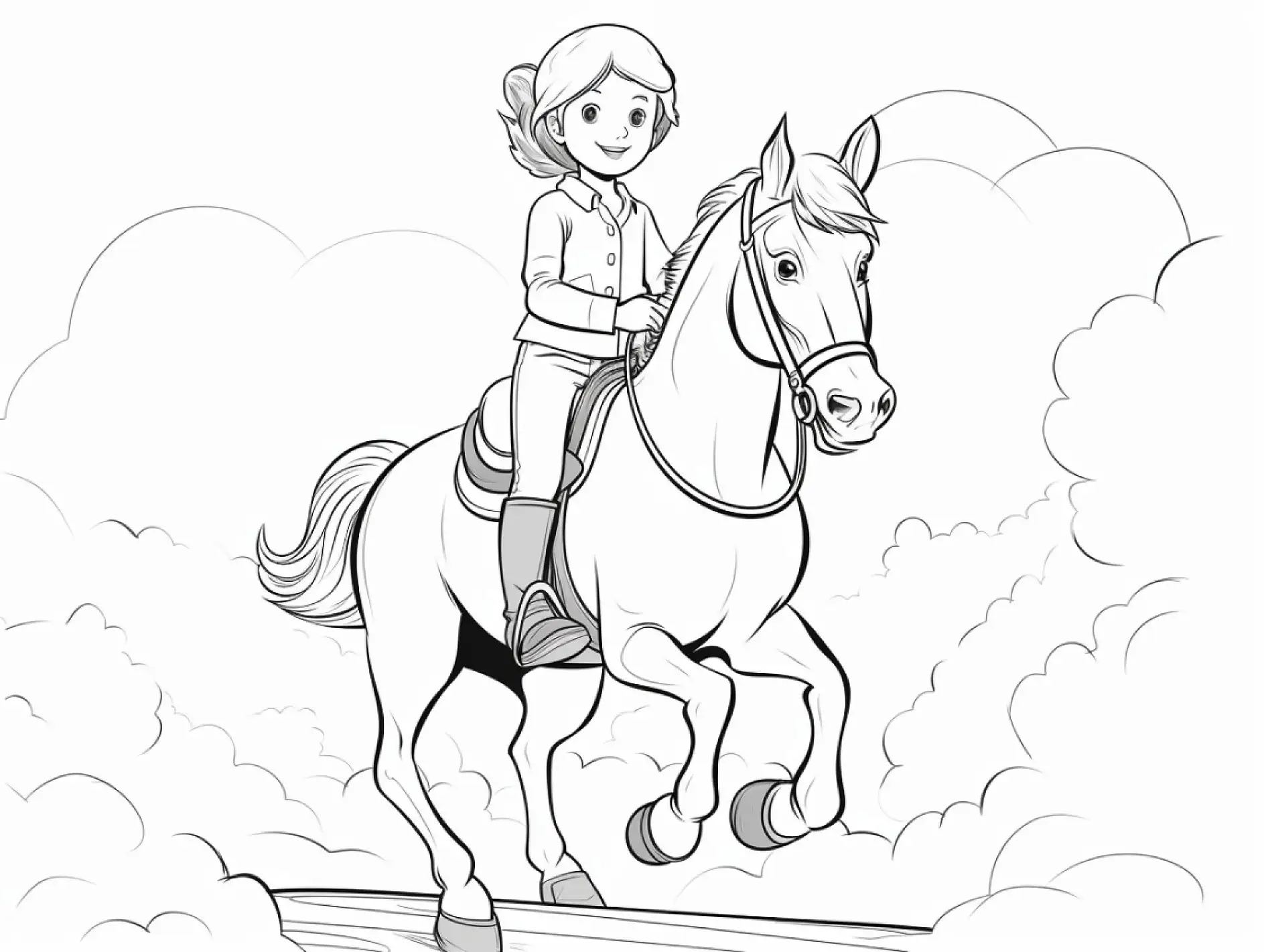 Ausmalbild Fröhliches Mädchen auf springendem Pferd