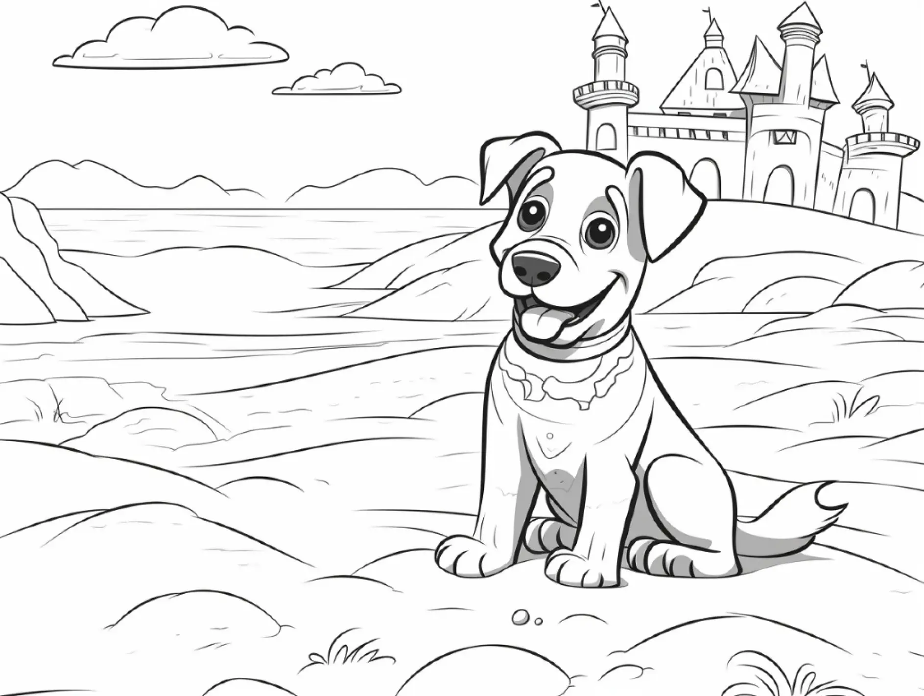 Ausmalbild glücklicher Hund vor Schloss Kulisse