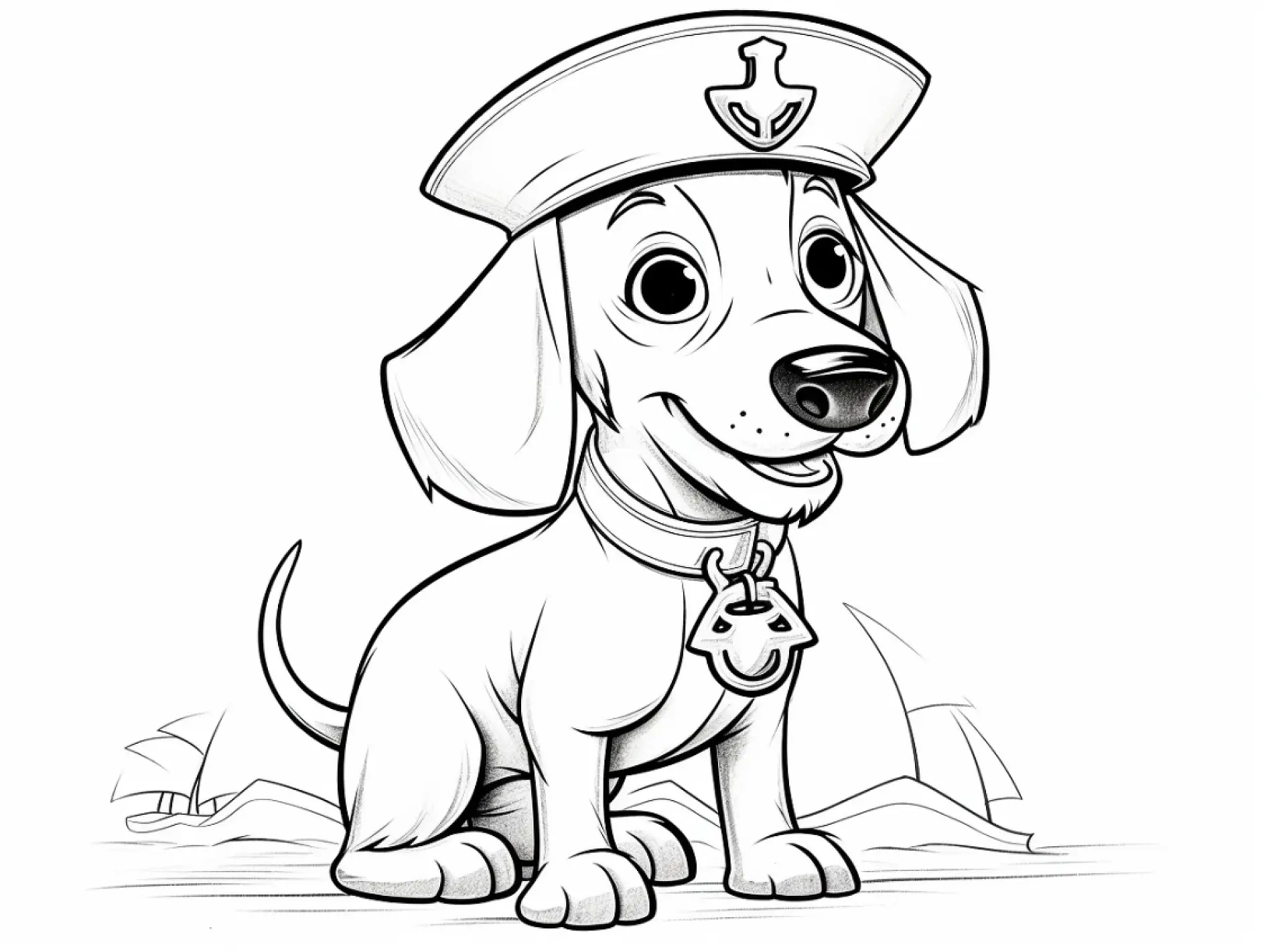 Ausmalbild Hund mit Kapitänsmütze