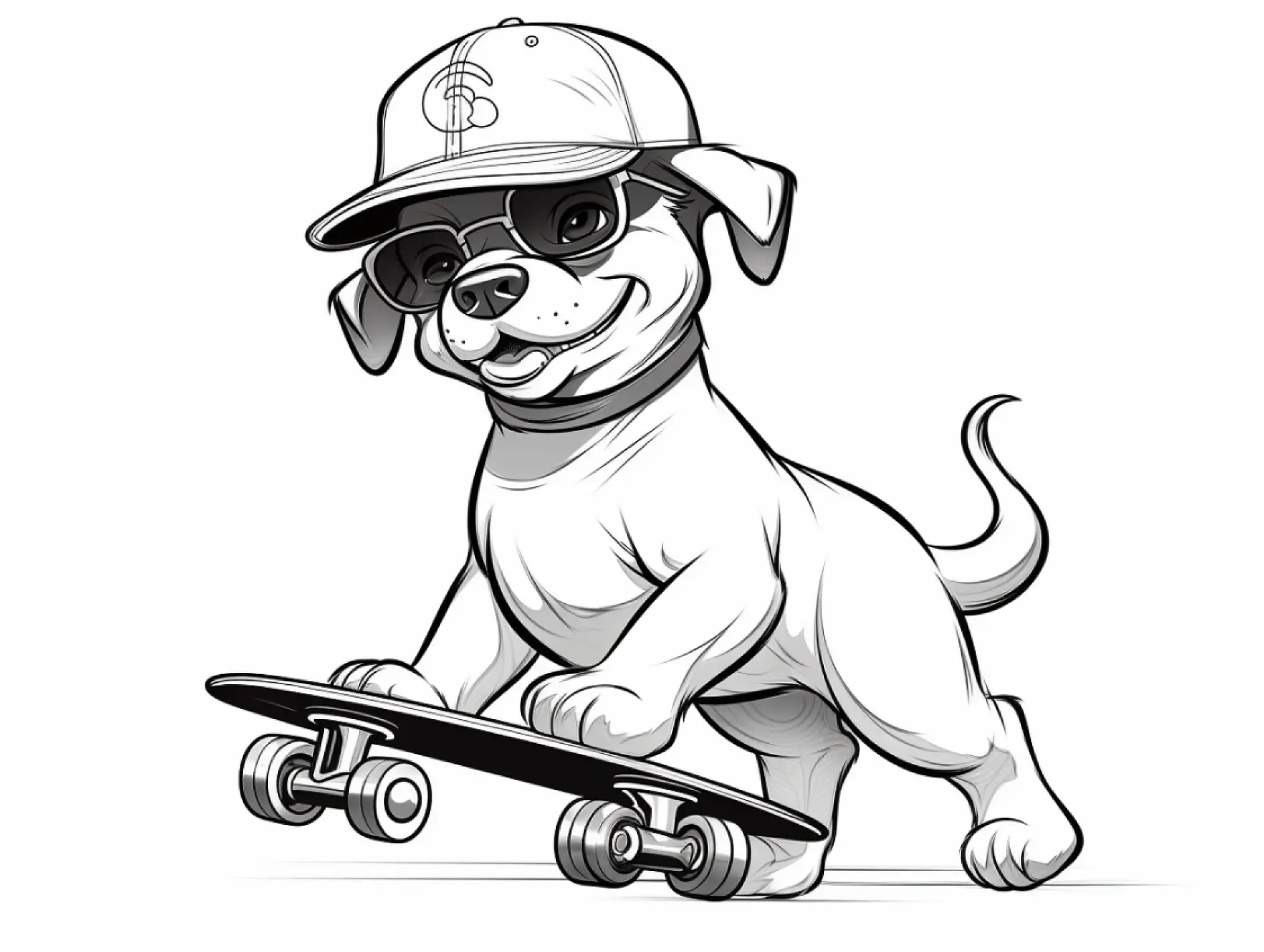 Ausmalbild Hund mit Mütze auf Skateboard