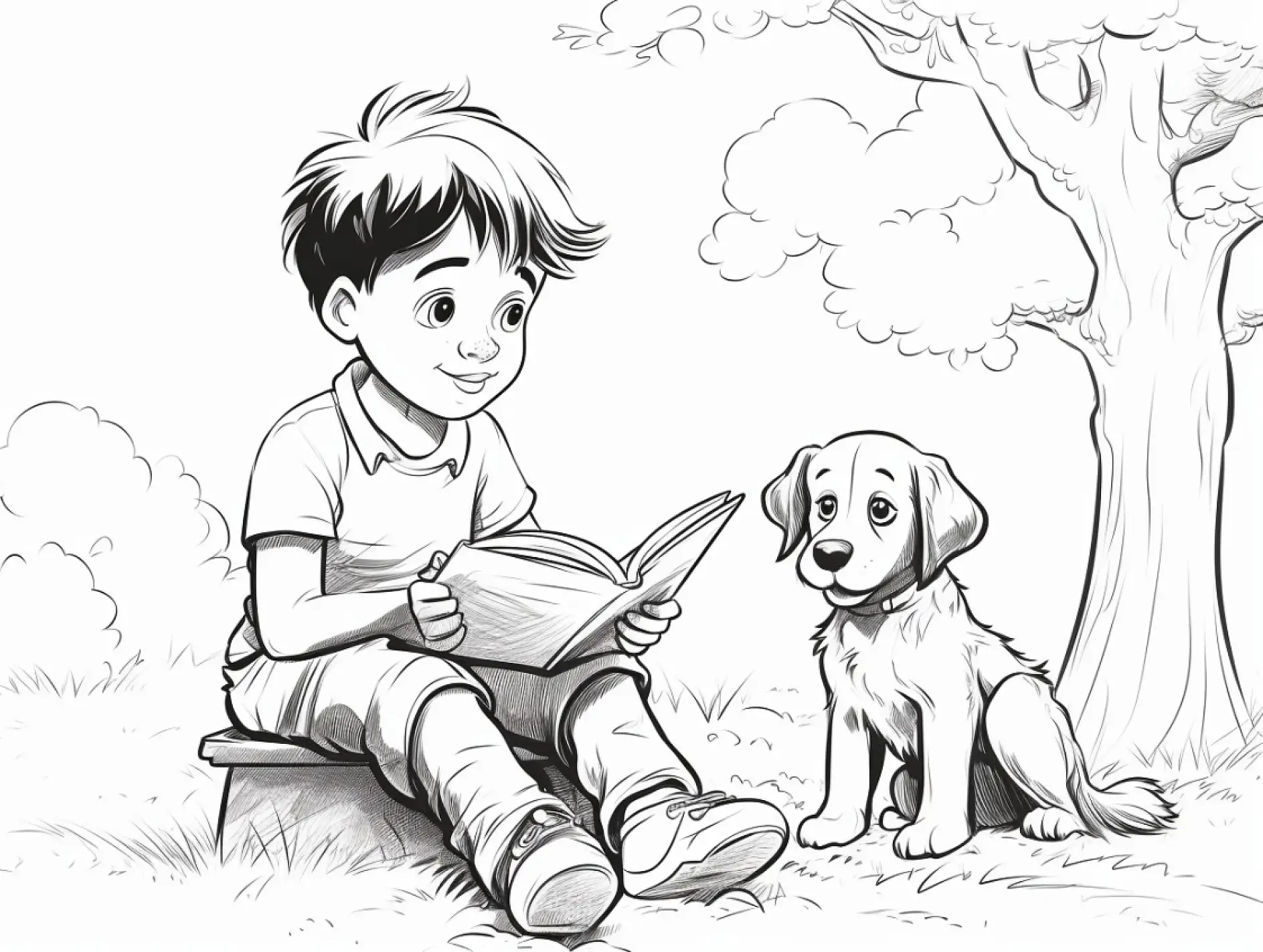 Ausmalbild Junge liest Buch Hund zuhörend