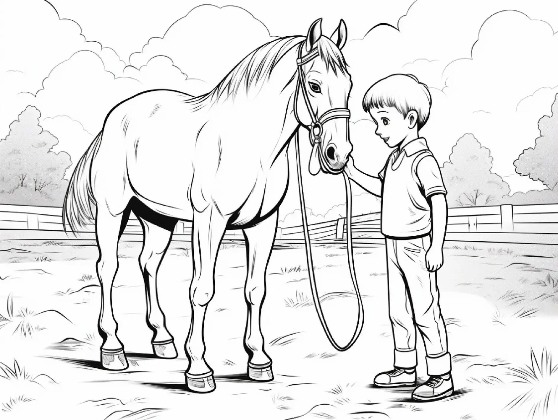 Ausmalbild Junge mit Pferd auf einer Wiese