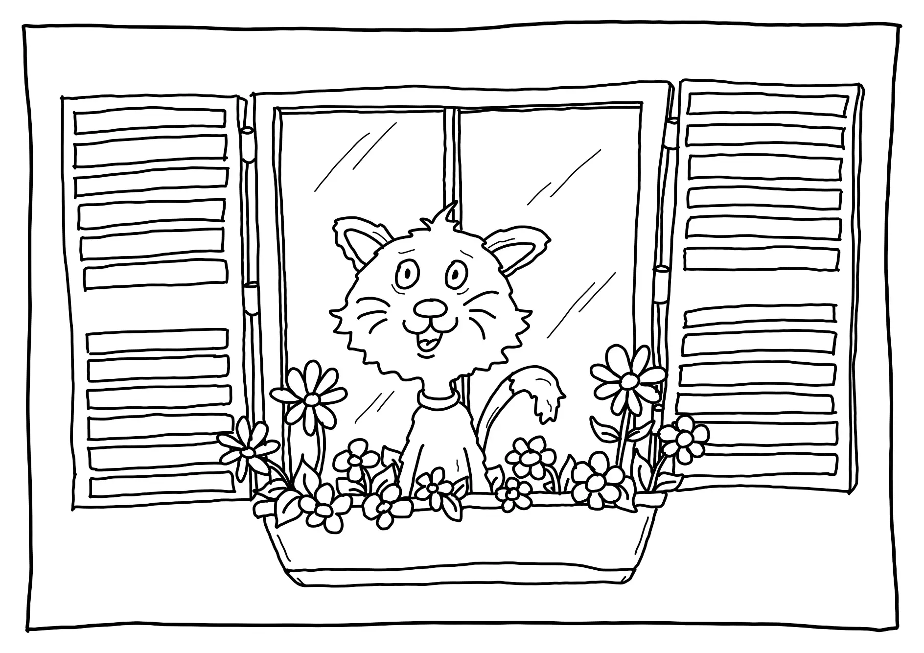 Ausmalbild Katze Fenster Blumenkasten