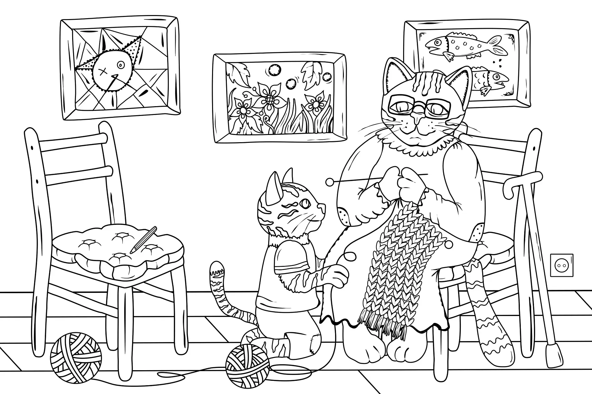 Ausmalbild Katzenfamilie Stricken Wohnzimmer