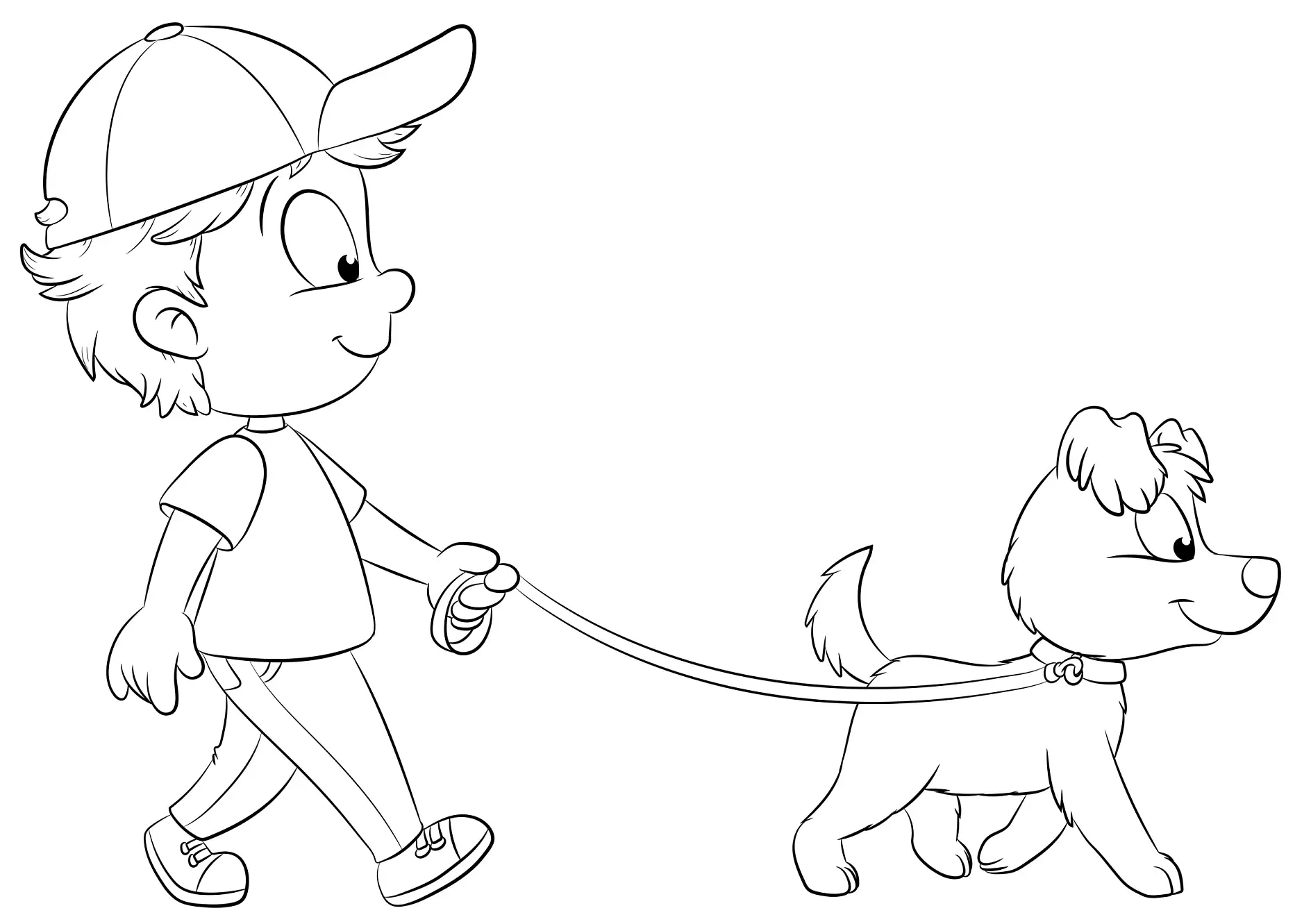 Ausmalbild Kind geht mit Hund GassiJunge geht mit Hund spazieren - Vektor-Illustration