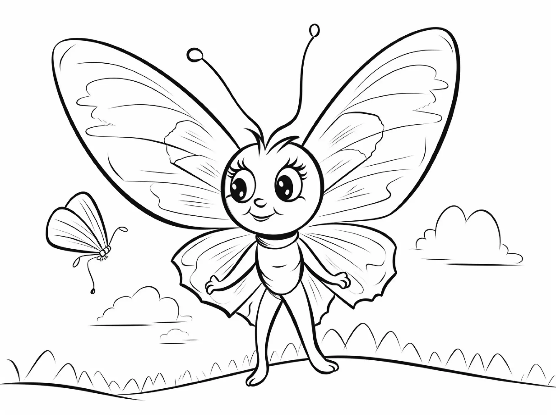 Ausmalbild lächelnder Zeichentrick-Schmetterling im Freien