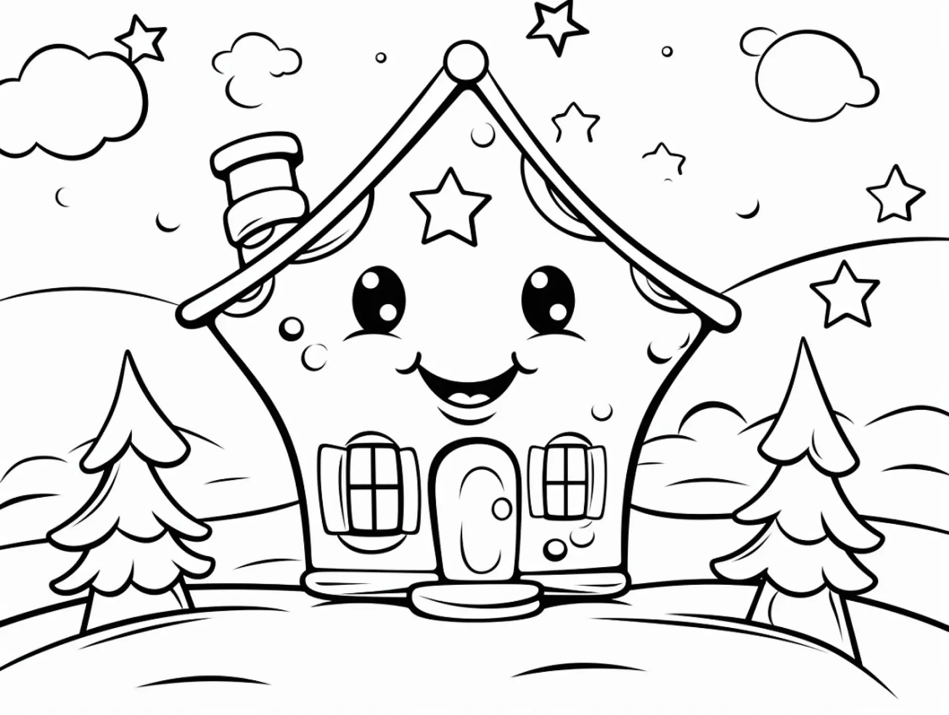 Ausmalbild Lebkuchenhaus lächelnd Sterne Tannen Schnee