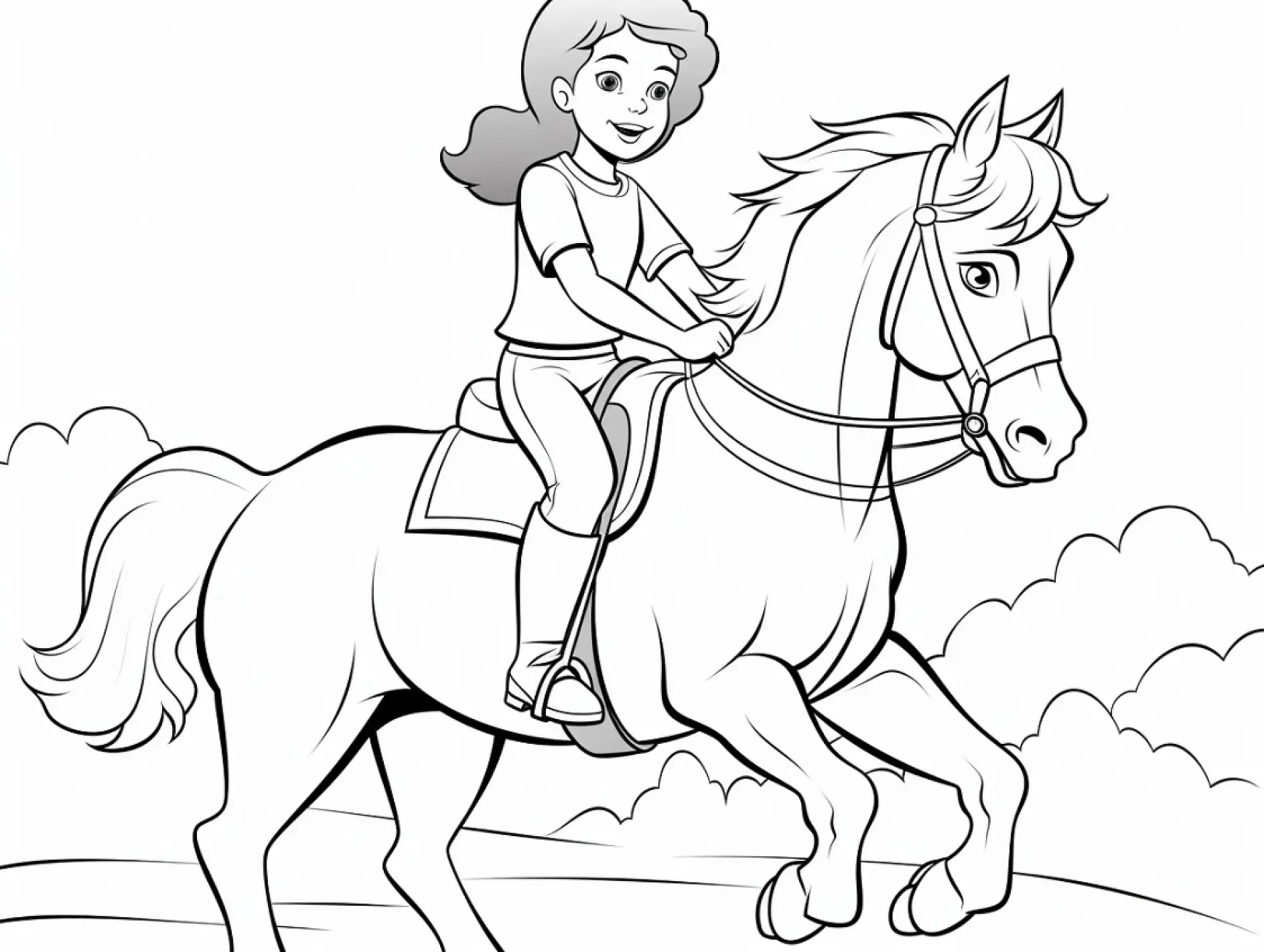 Ausmalbild Mädchen reitet auf Pferd