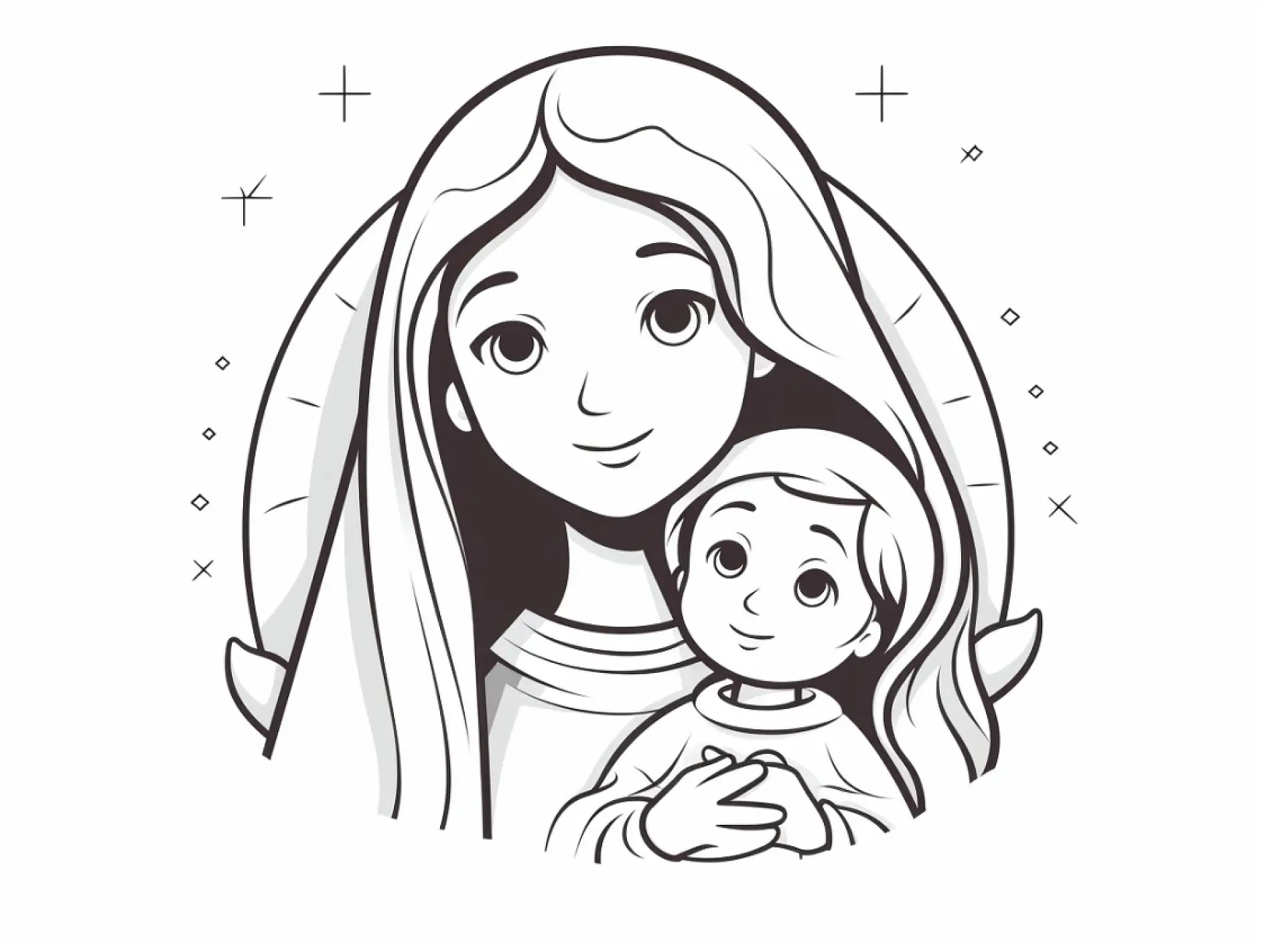 Ausmalbild Maria und Jesus Sterne Glanz