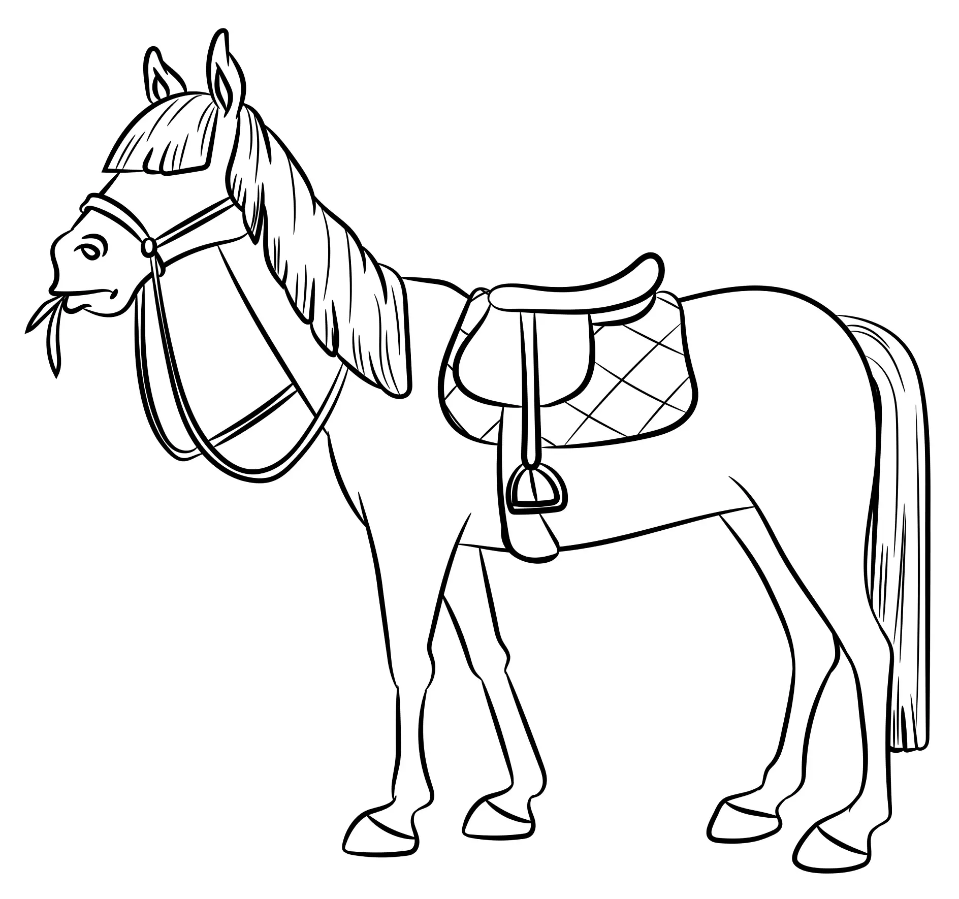 Ausmalbild Pferd mit Zaumzeug und Karosattel