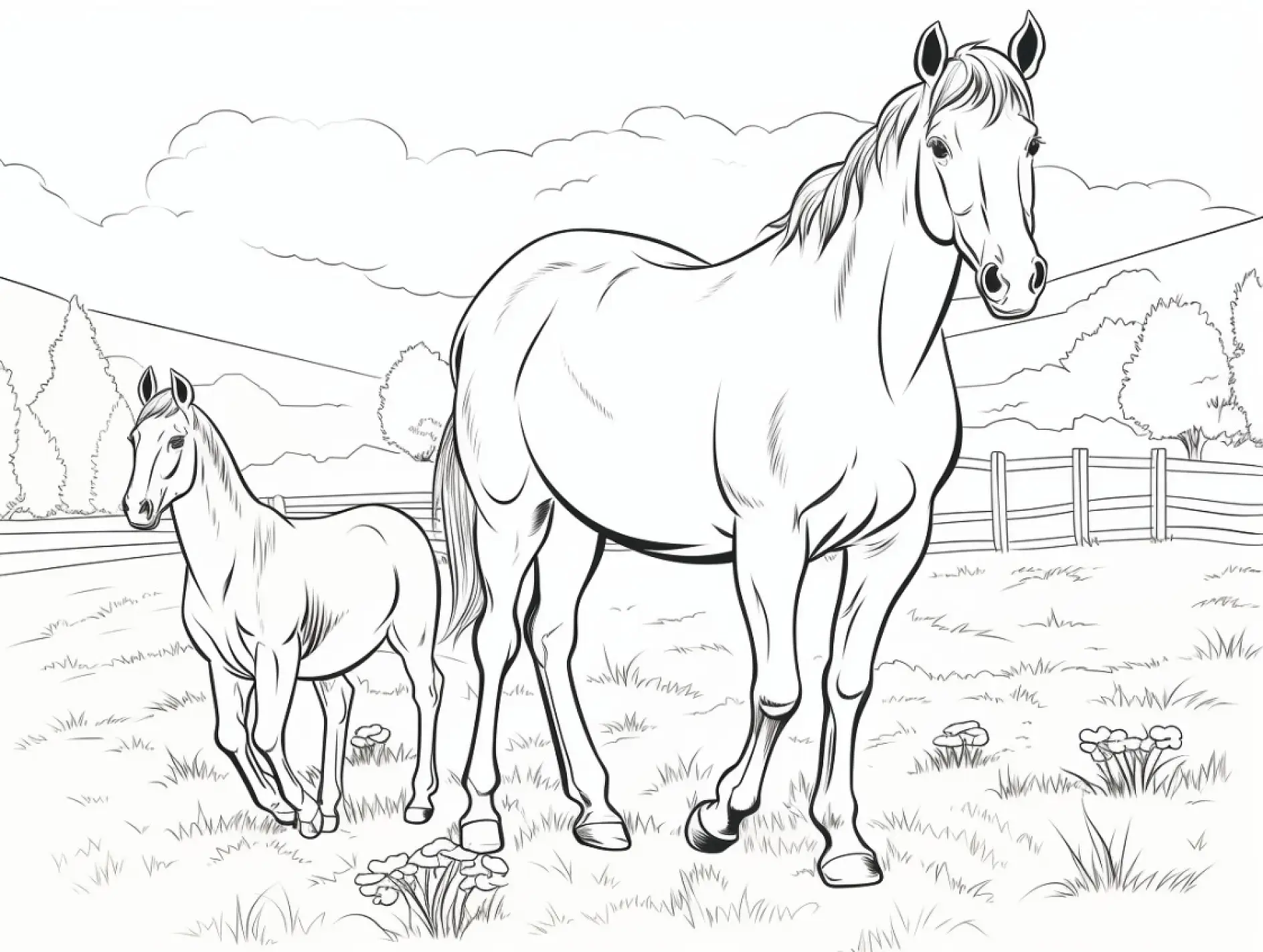 Ausmalbild Pferd und Fohlen auf Feld