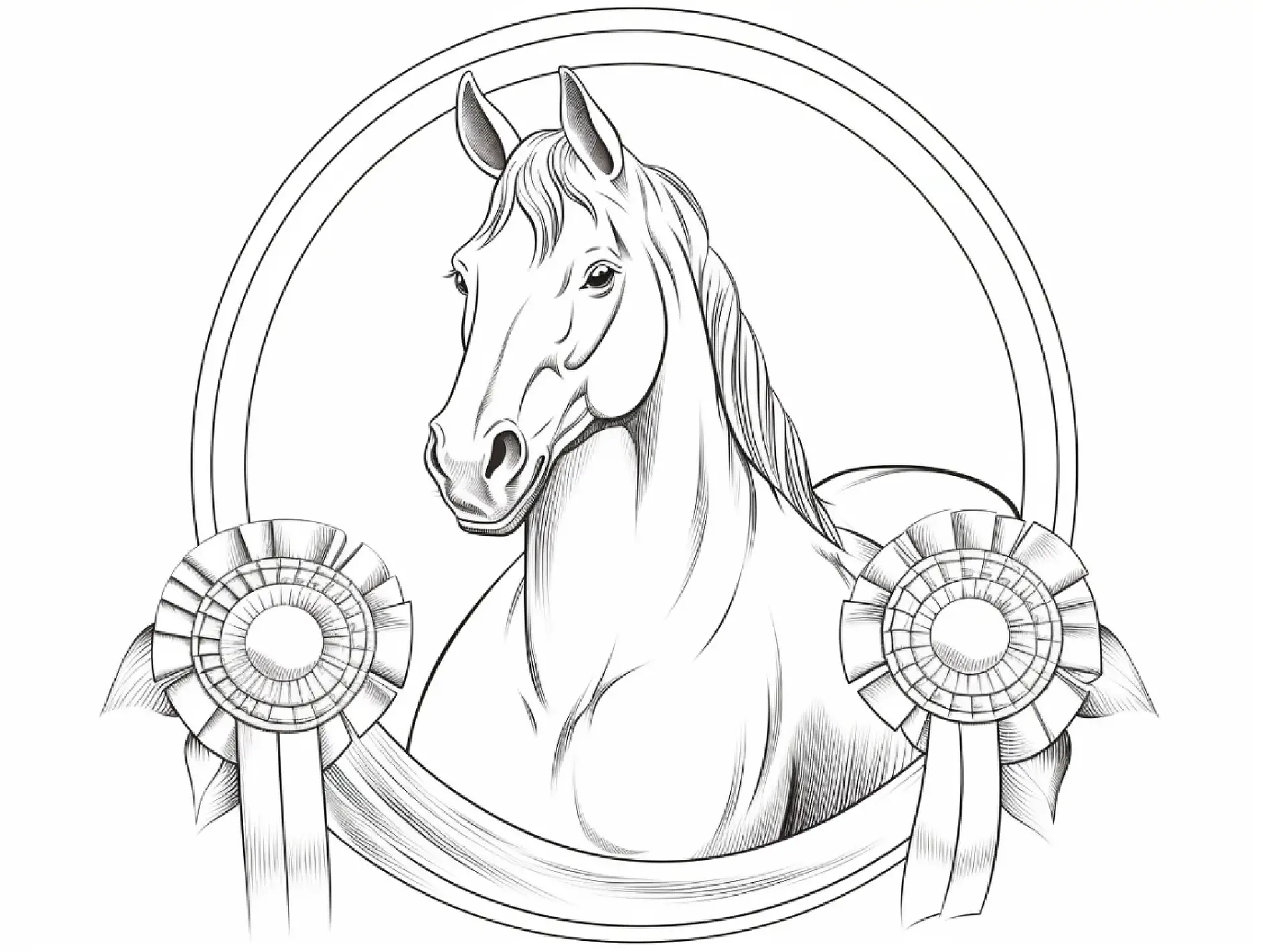 Ausmalbild Pferdekopf mit Rosetten und Rahmen