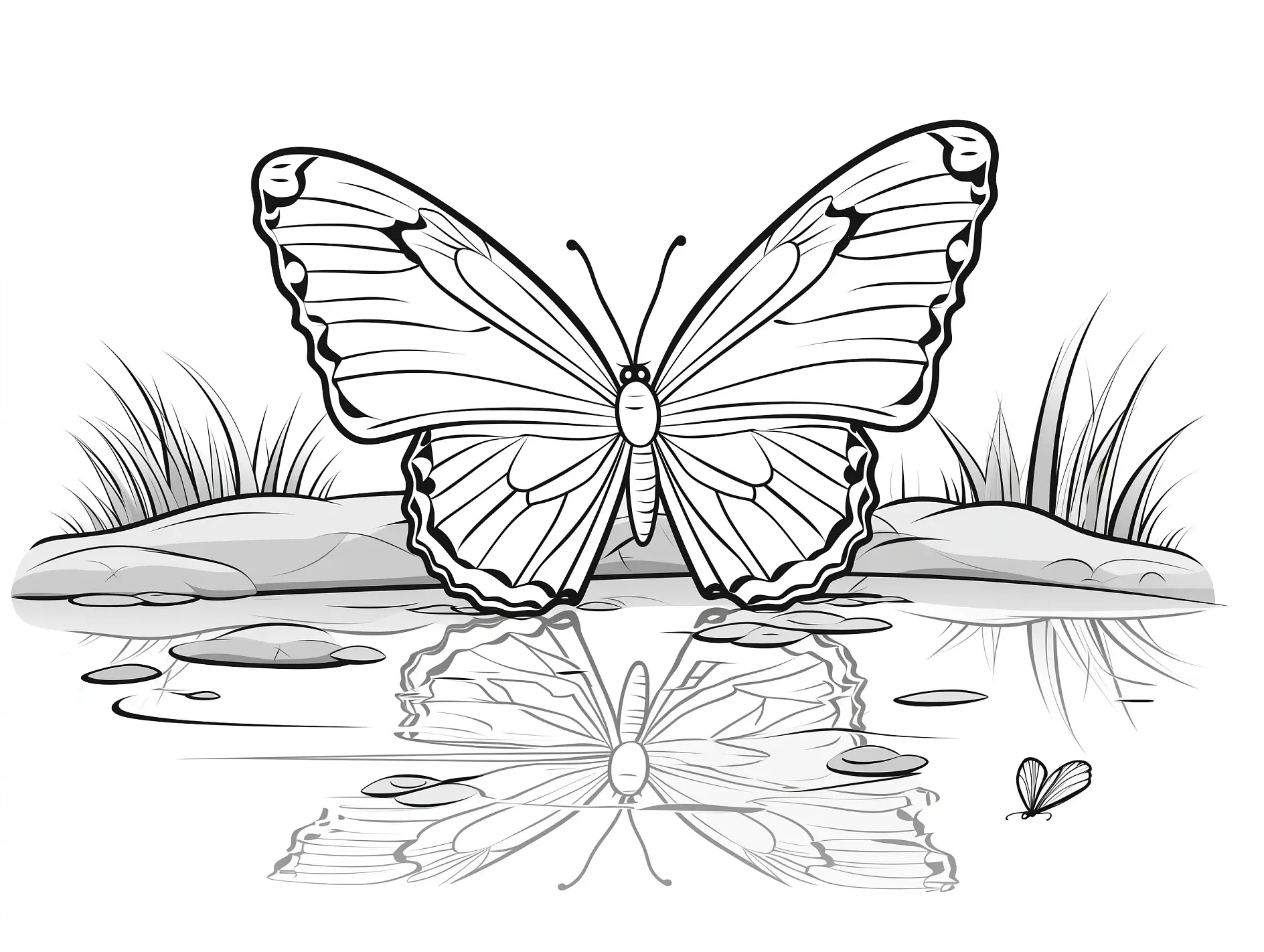 Ausmalbild Schmetterling am Teich mit Spiegelbild