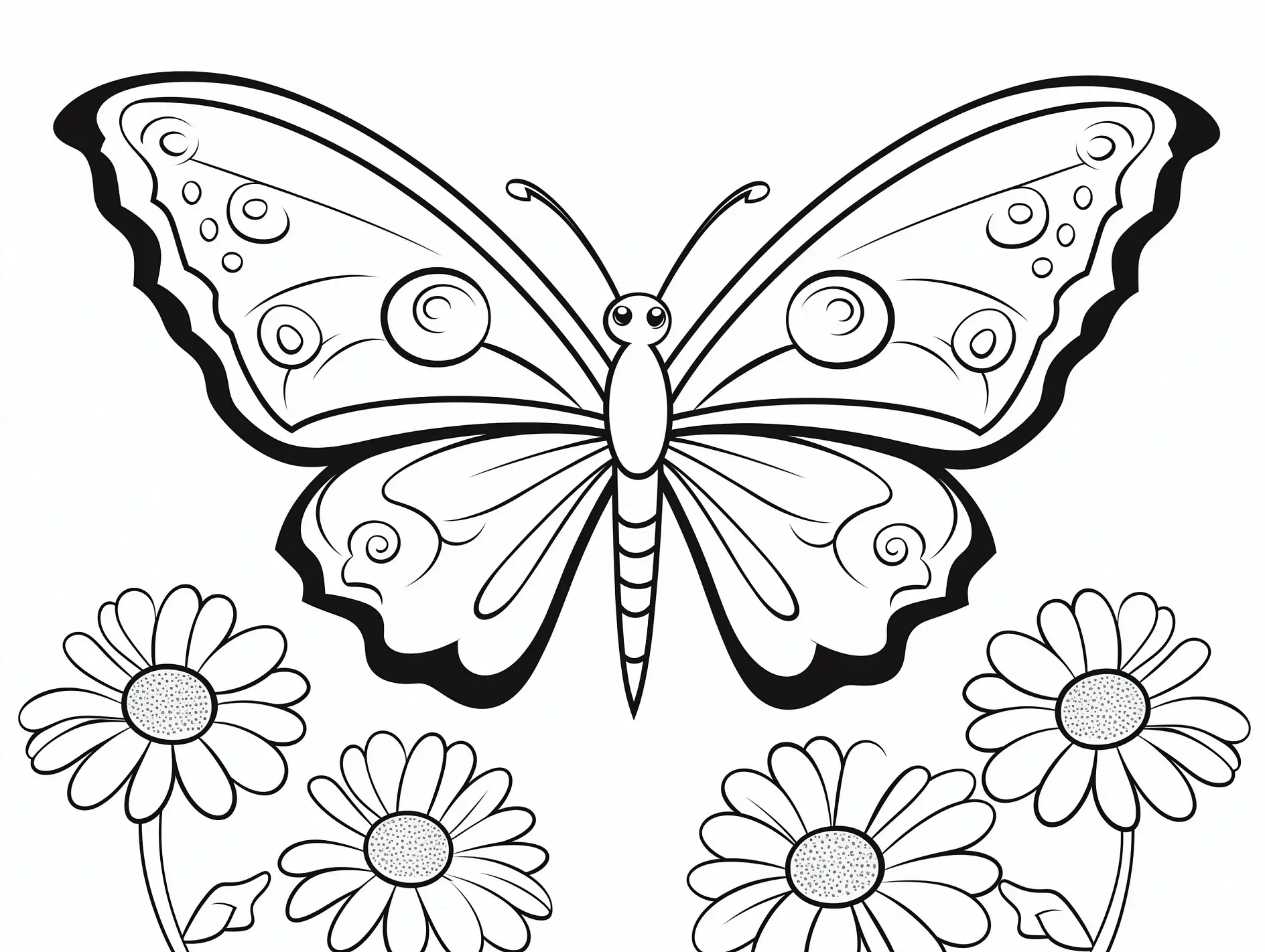 Ausmalbild Schmetterling mit Gänseblümchen